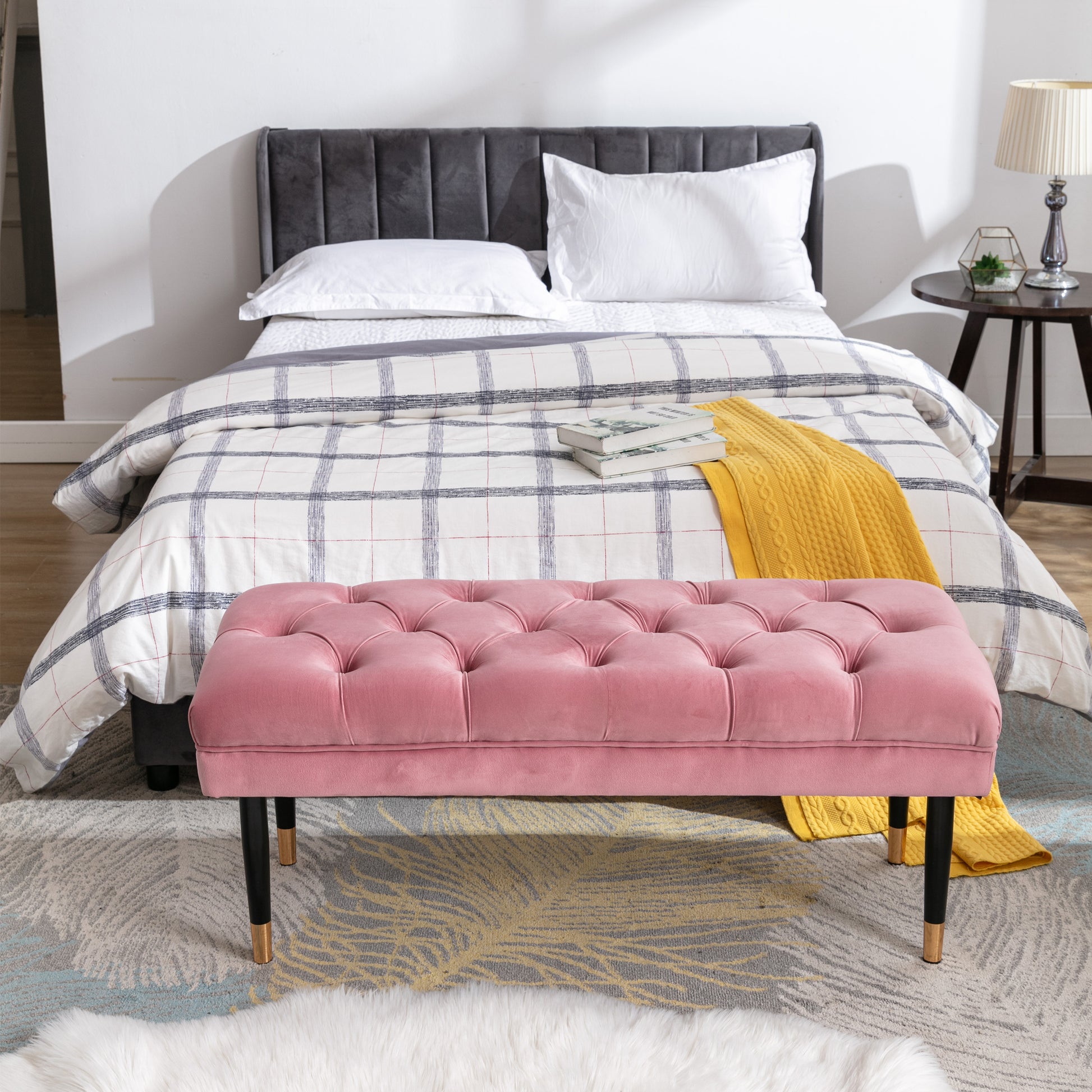 Tufted Bench Modern Velvet Button Upholstered Ottoman Enches Bedroom Rectangle Fabric Footstool With Metal Legs For Living Room Entryway,Pink Pink Foam Fabric