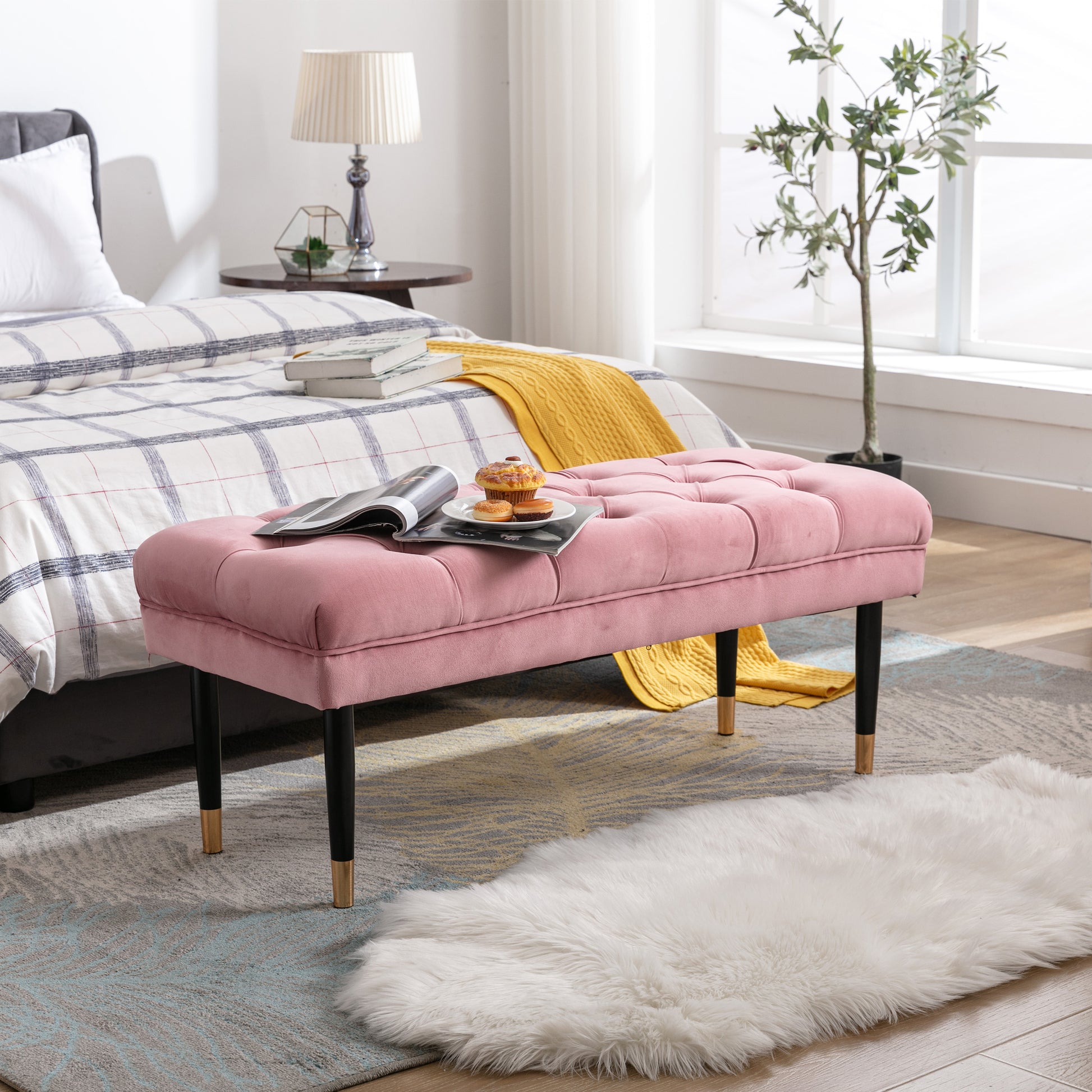 Tufted Bench Modern Velvet Button Upholstered Ottoman Enches Bedroom R