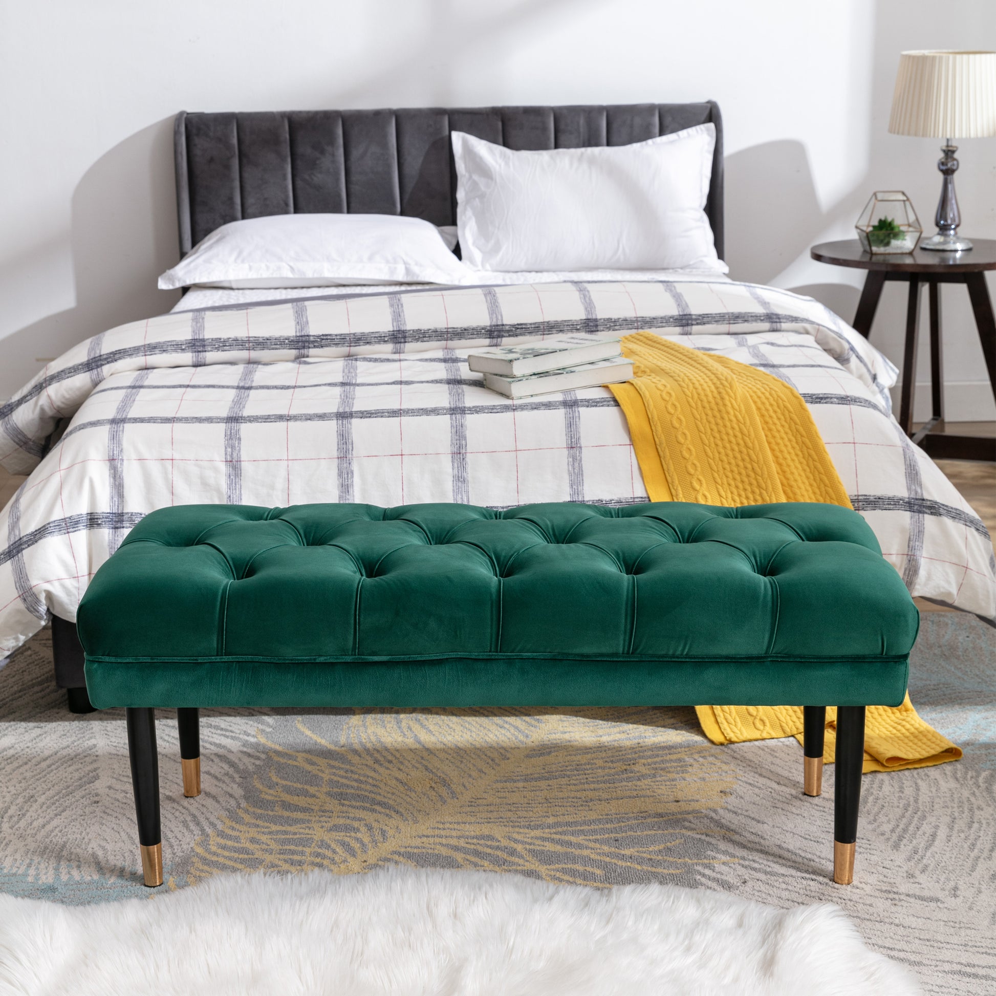 Tufted Bench Modern Velvet Button Upholstered Ottoman Enches Bedroom Rectangle Fabric Footstool With Metal Legs For Living Room Entryway,Green Green Foam Fabric