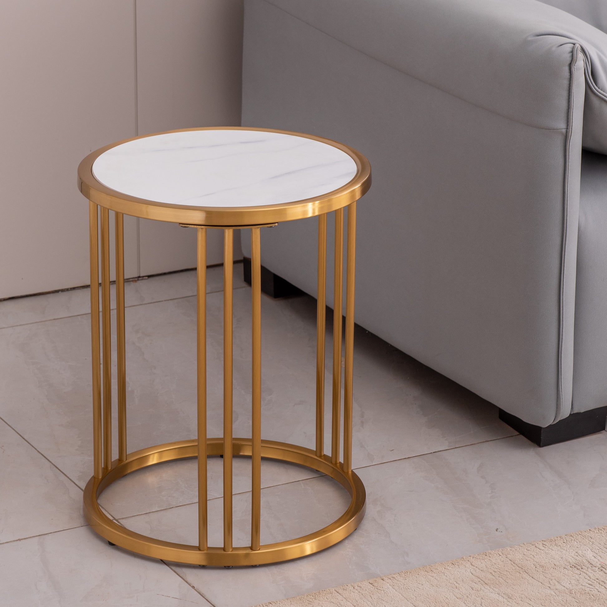 Slate Sintered Stone Round Side End Table With Golden Stainless Steel Frame Golden Sintered Stone