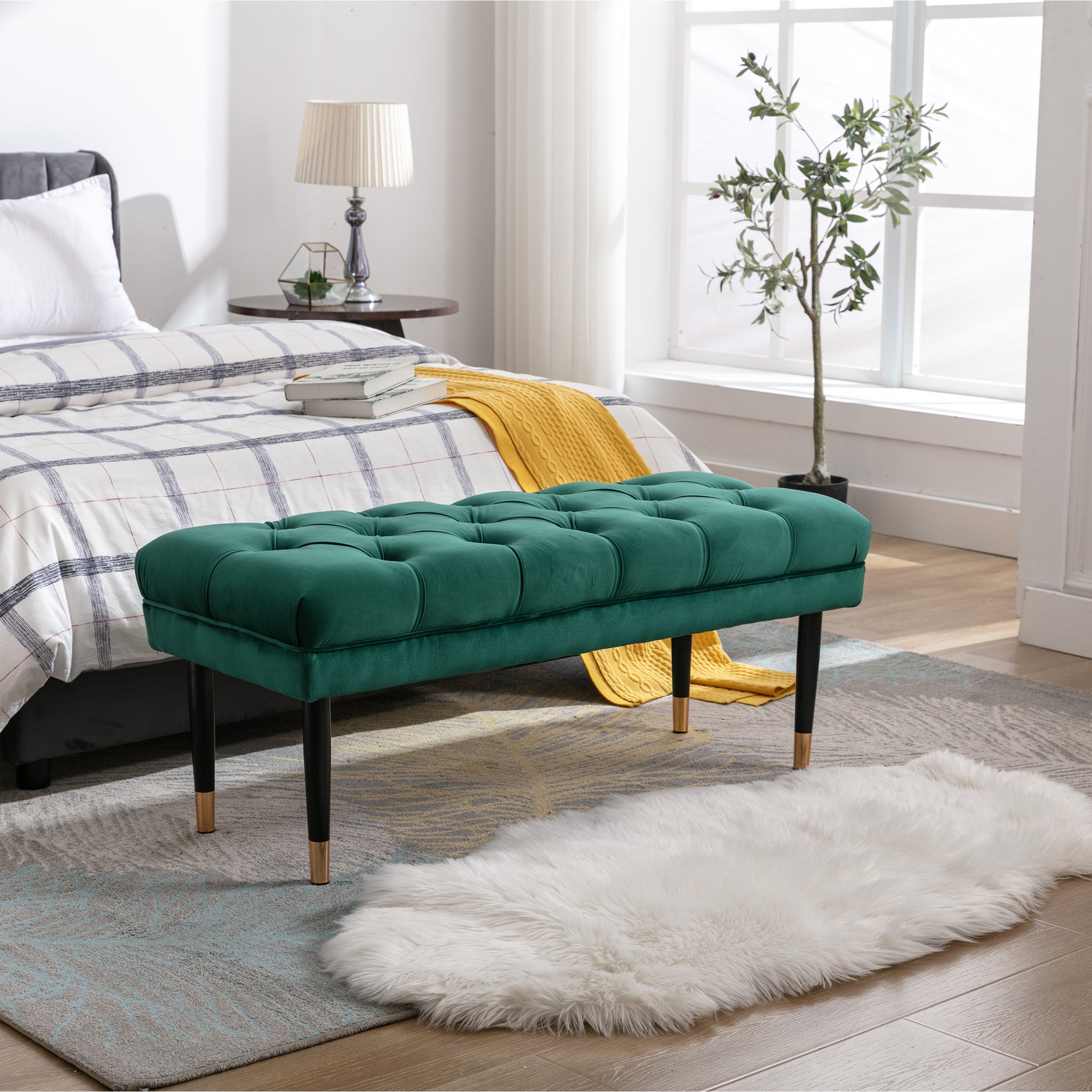 Tufted Bench Modern Velvet Button Upholstered Ottoman Enches Bedroom Rectangle Fabric Footstool With Metal Legs For Living Room Entryway,Green Green Foam Fabric