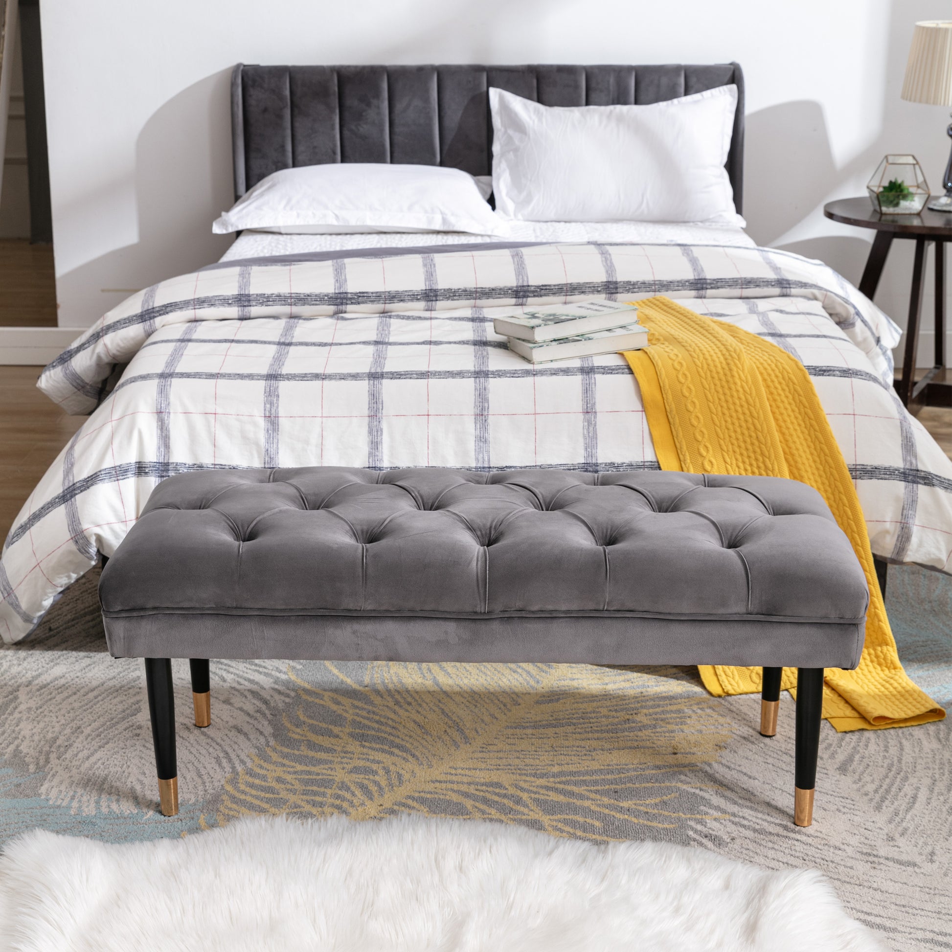 Tufted Bench Modern Velvet Button Upholstered Ottoman Enches Bedroom Rectangle Fabric Footstool With Metal Legs For Living Room Entryway,Grey Gray Foam Fabric