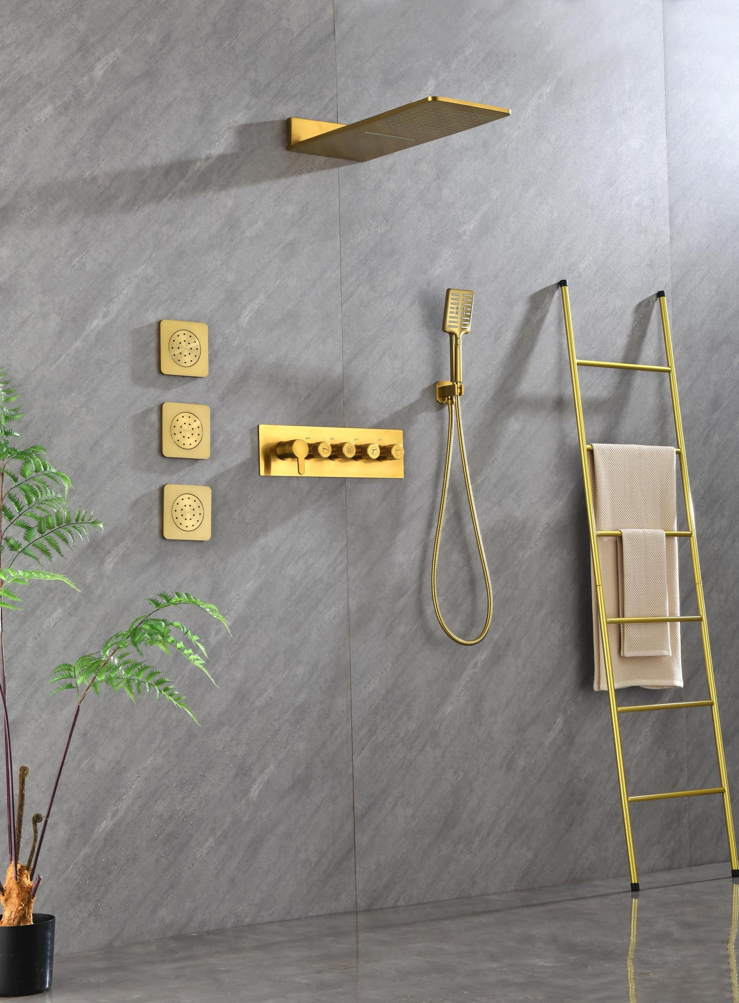 Wall Mounted Waterfall Rain Shower System With 3 Body gold-brass