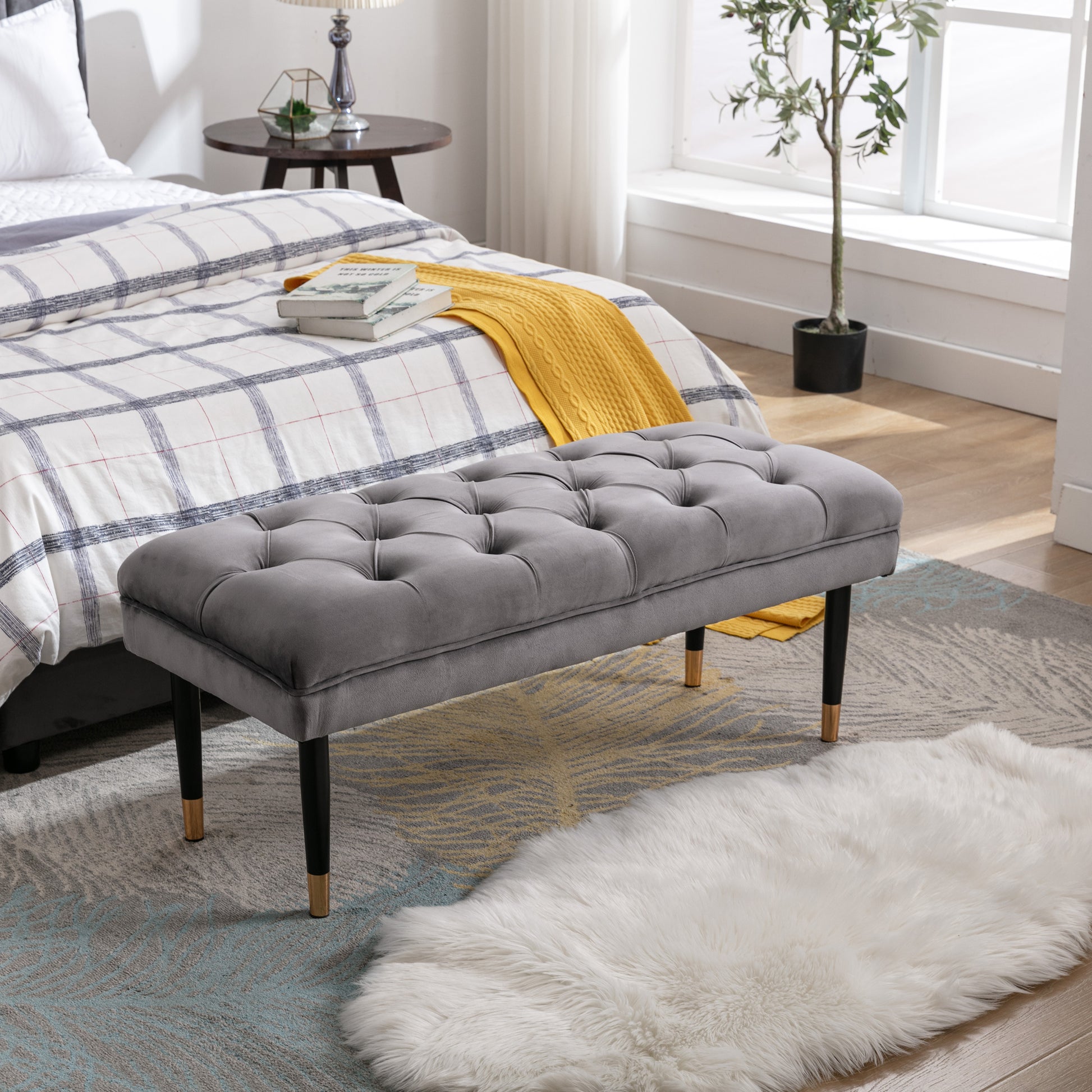 Tufted Bench Modern Velvet Button Upholstered Ottoman Enches Bedroom Rectangle Fabric Footstool With Metal Legs For Living Room Entryway,Grey Gray Foam Fabric