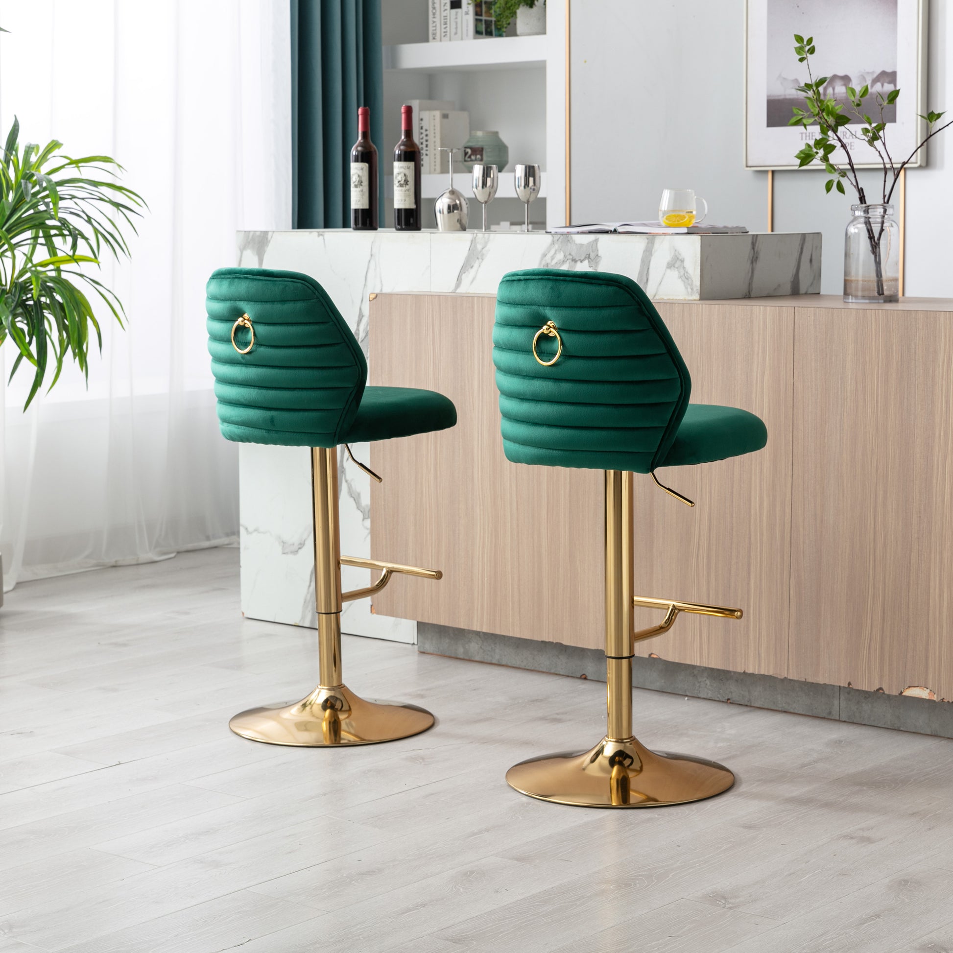 Swivel Bar Stools Chair Set Of 2 Modern Adjustable Counter Height Bar Stools, Velvet Upholstered Stool With Tufted High Back & Ring Pull For Kitchenchrome Golden Base, Green Green Foam Fabric