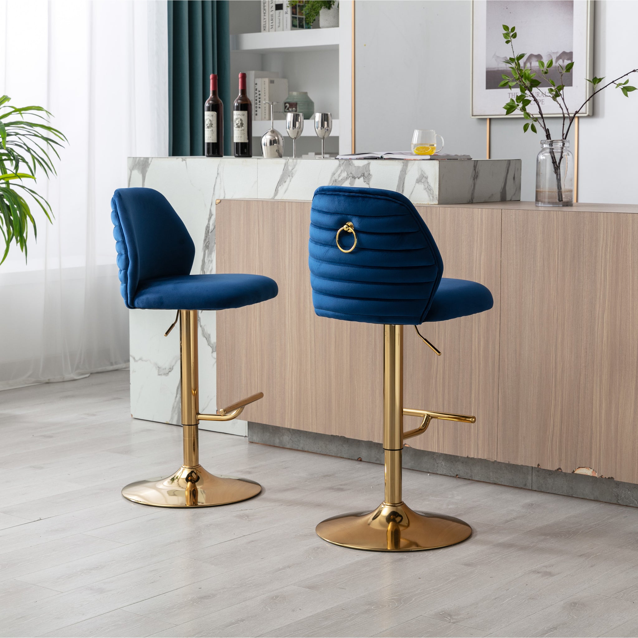 Swivel Bar Stools Chair Set of 2 Modern Adjustable navy blue-foam-fabric