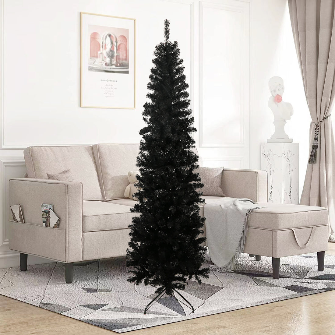 7.5Ft Black Slim Artificial Christmas Tree Includes Foldable Metal Stand Black Polyester