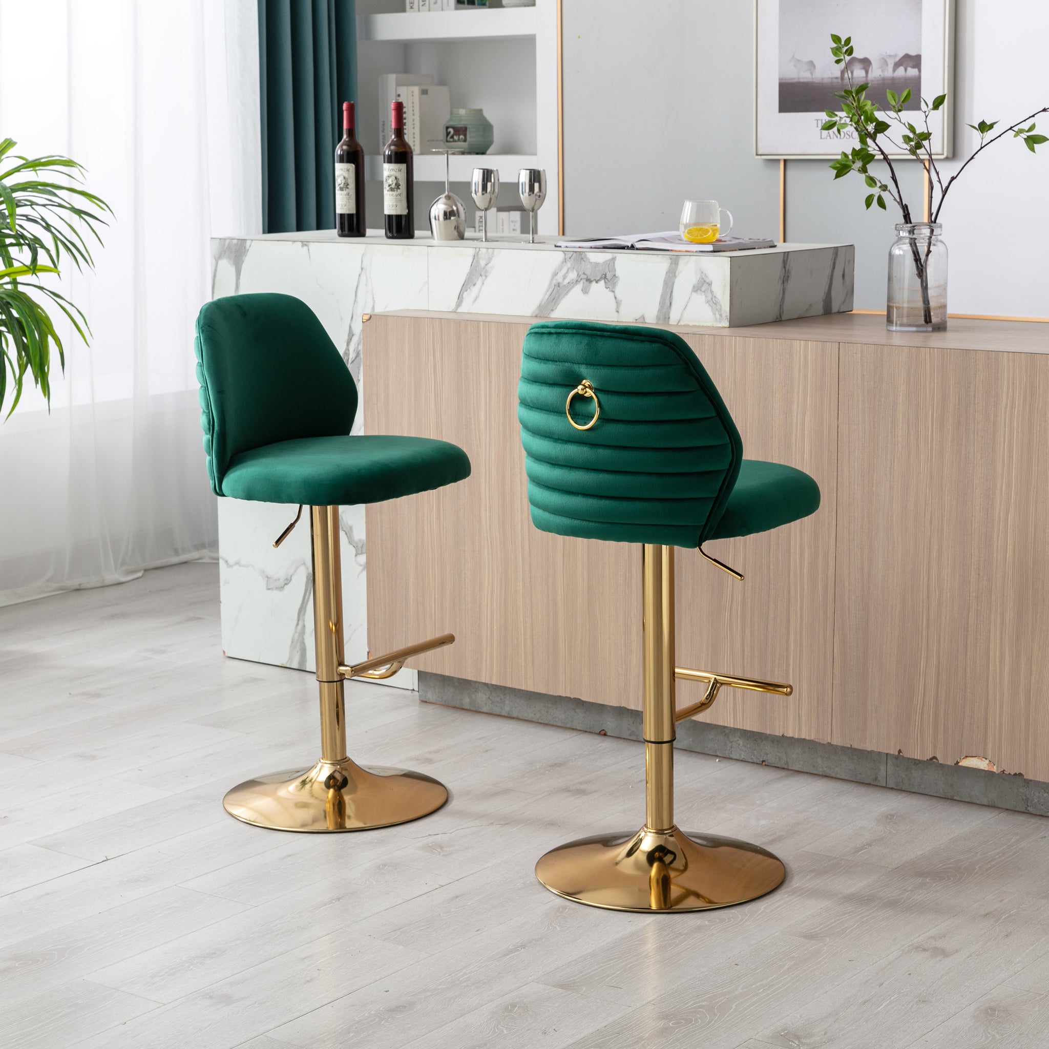 Swivel Bar Stools Chair Set of 2 Modern Adjustable green-foam-fabric