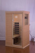 Hemlock Mini One Person Far Infrared Door On The Right Of The Indoor Sauna Room Natural Solid Wood