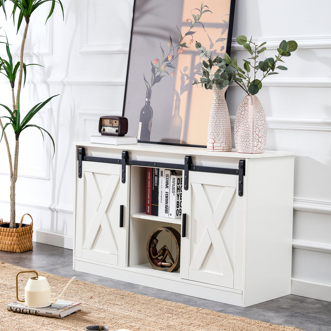 White Decorative Wooden Tv Storage Cabinet With Two Sliding Barn Doors, Available For Bedroom, Living Room, Corridor. White Mdf