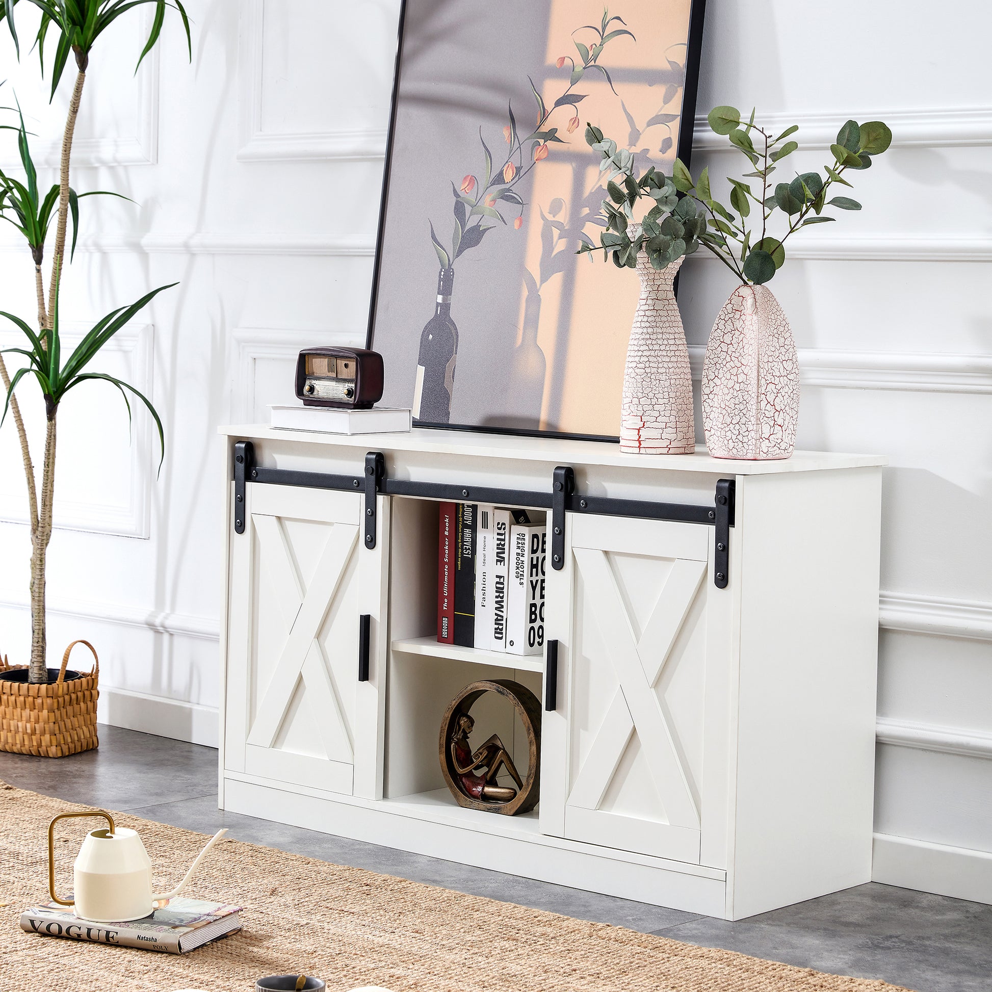 White Decorative Wooden Tv Storage Cabinet With Two Sliding Barn Doors, Available For Bedroom, Living Room, Corridor. White Mdf