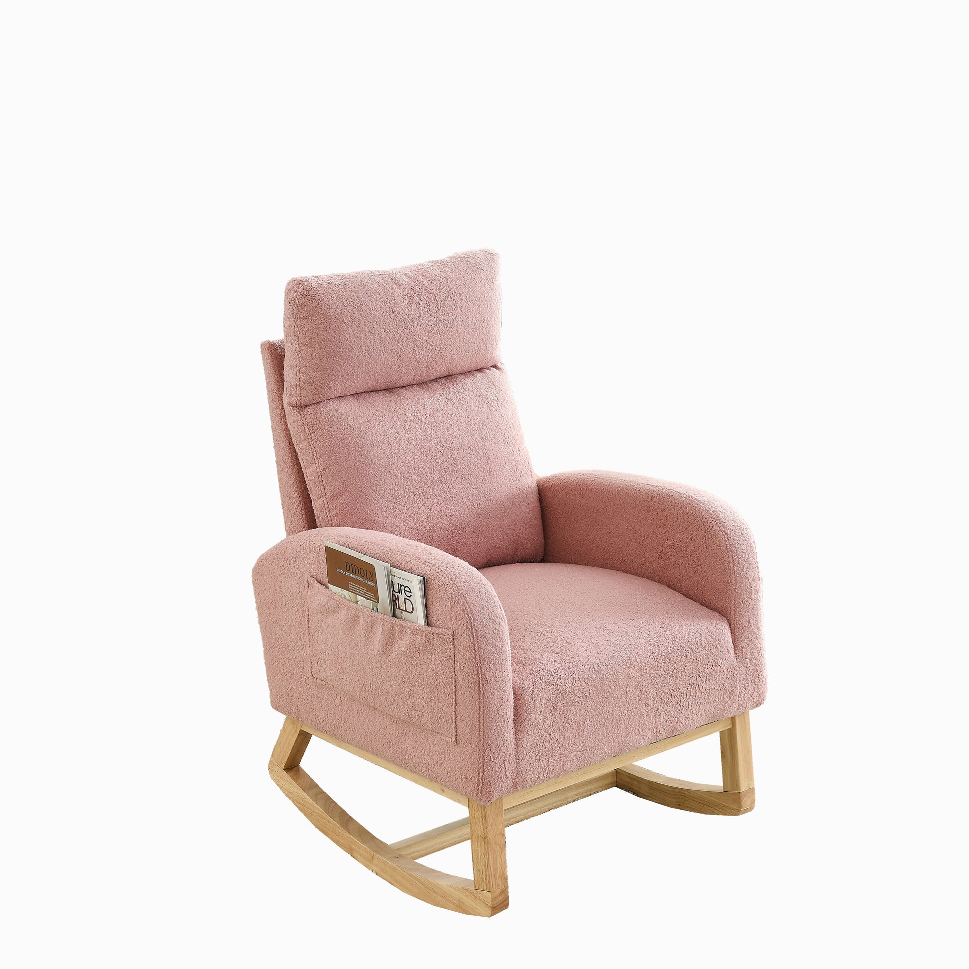 Video Welike 27.6"W Modern Accent High Backrest Living Room Lounge Arm Rocking Chair, Two Side Pocket W83453340 Pink Teddy Foam Fabric