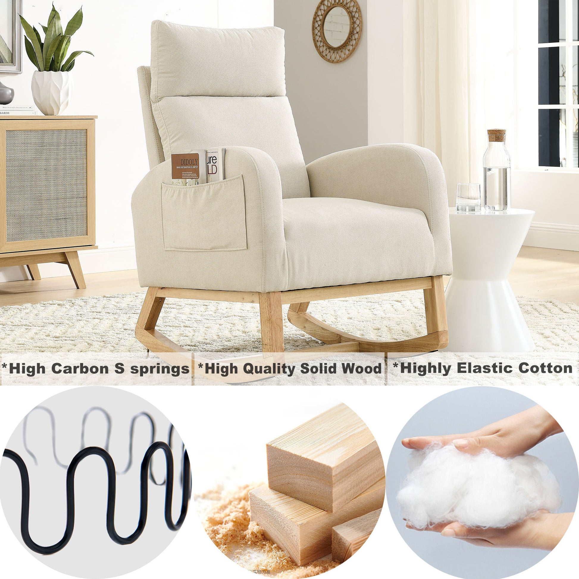 Video Welike 27.6"W Modern Accent High Backrest Living Room Lounge Arm Rocking Chair, Two Side Pocket W83453708 Beige Foam Fabric