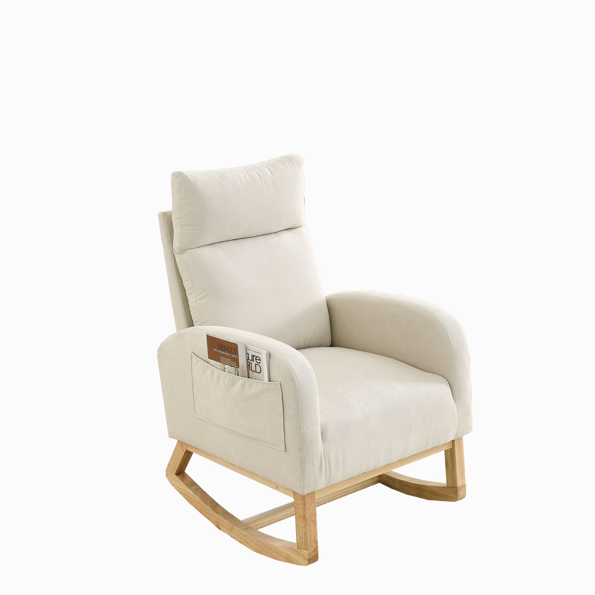 Video Welike 27.6"W Modern Accent High Backrest Living Room Lounge Arm Rocking Chair, Two Side Pocket W83453708 Beige Foam Fabric