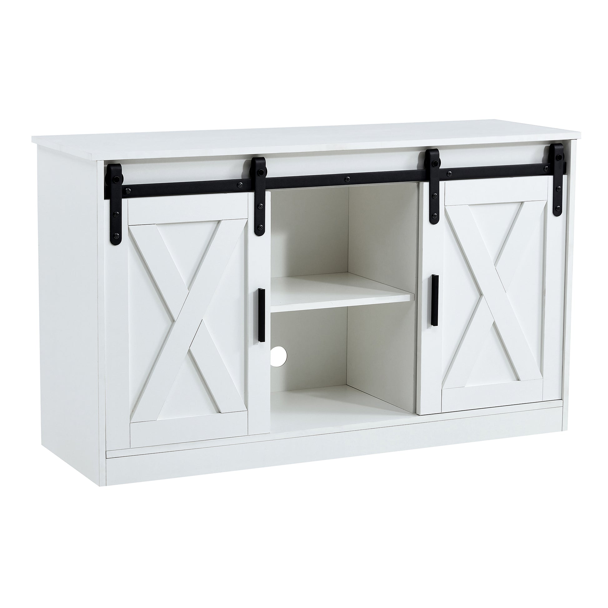 White Decorative Wooden Tv Storage Cabinet With Two Sliding Barn Doors, Available For Bedroom, Living Room, Corridor. White Mdf