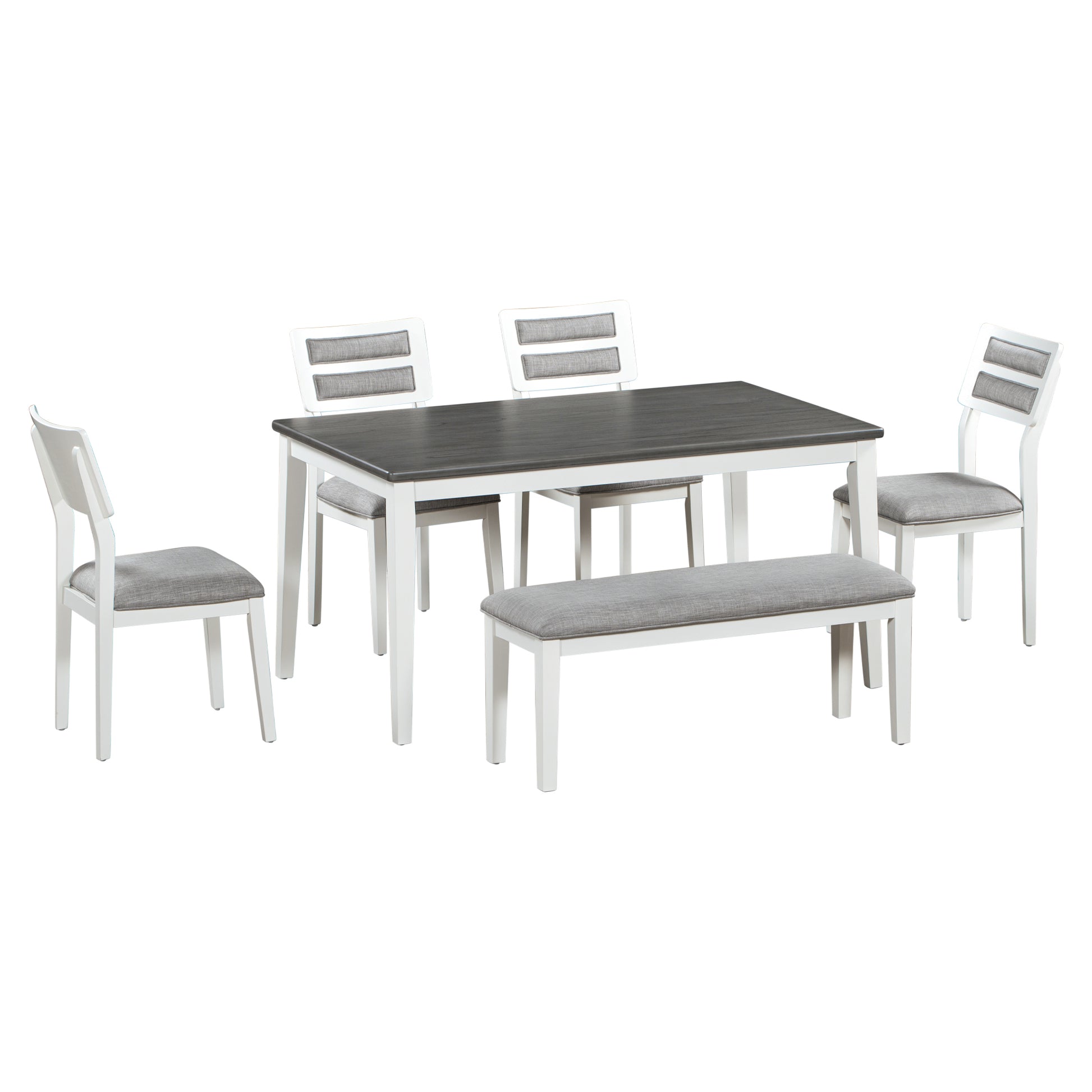 Classic And Traditional Style 6 Piece Dining Set, Includes Dining Table, 4 Upholstered Chairs & Bench White Gray White Gray Solid Wood