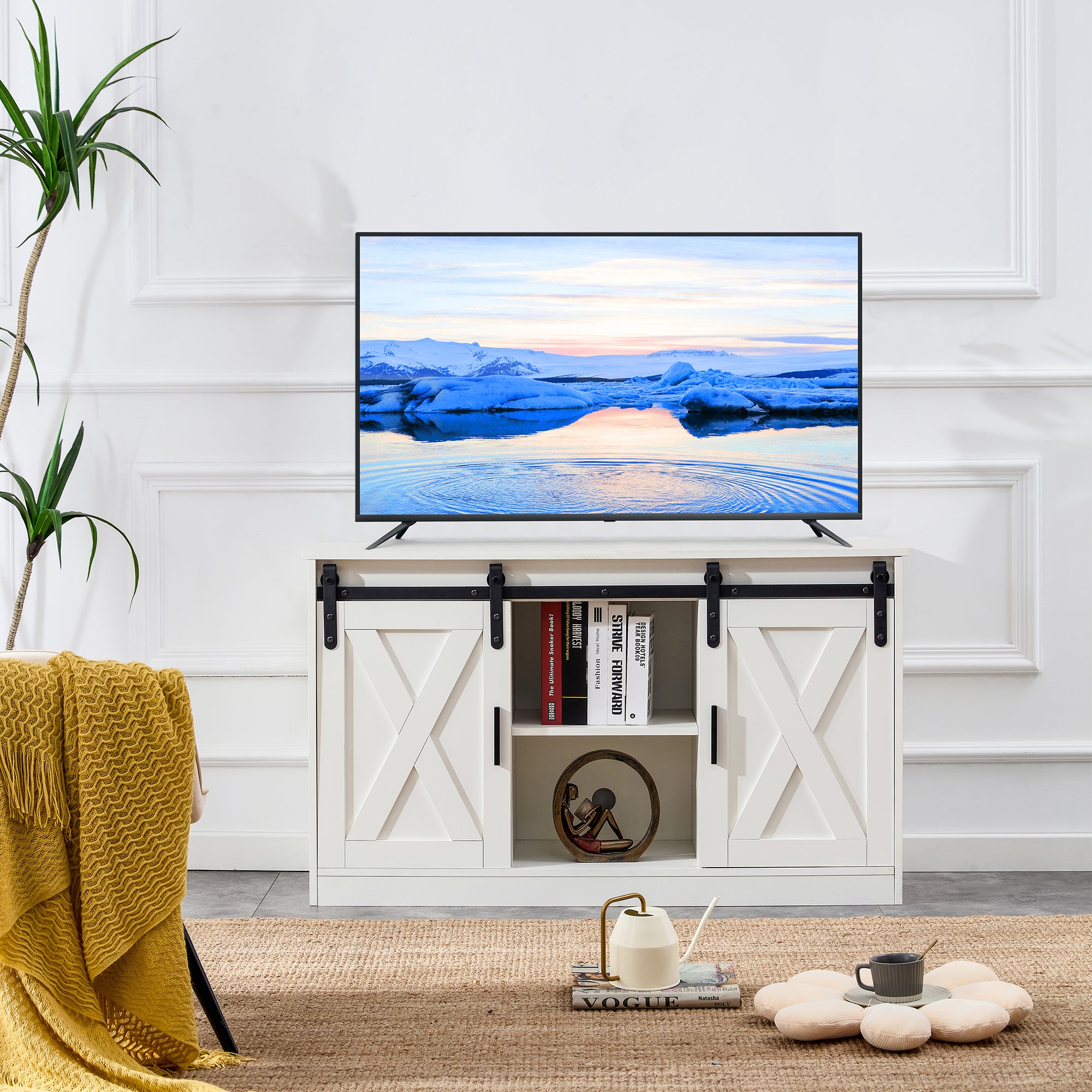 White Decorative Wooden Tv Storage Cabinet With Two Sliding Barn Doors, Available For Bedroom, Living Room, Corridor. White Mdf