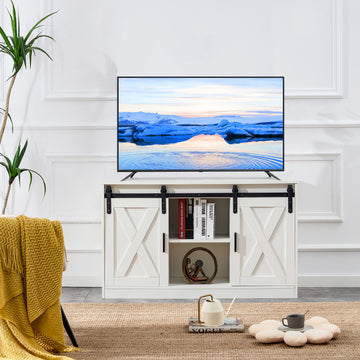 White Decorative Wooden Tv Storage Cabinet With Two Sliding Barn Doors, Available For Bedroom, Living Room, Corridor. White Mdf