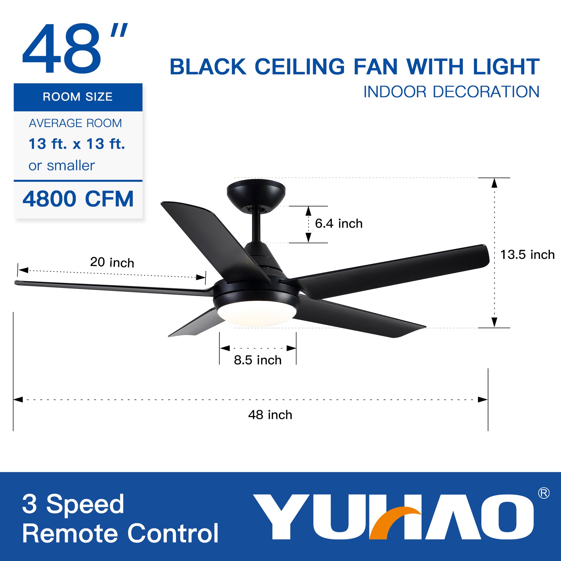 48" Yuhao Modern Contemporary Led Ceiling Fan With Remote Control Black Abs