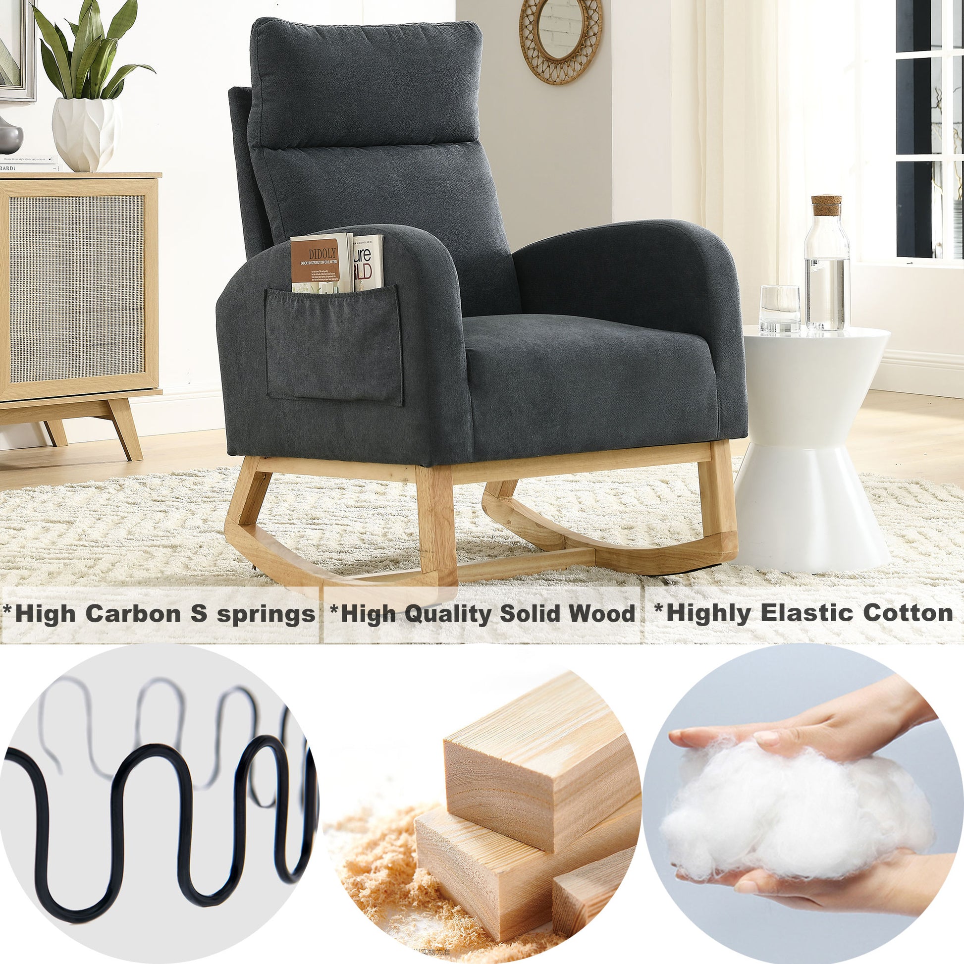 Video Welike 27.6"W Modern Accent High Backrest Living Room Lounge Arm Rocking Chair, Two Side Pocket W83453347 Dark Grey Foam Fabric