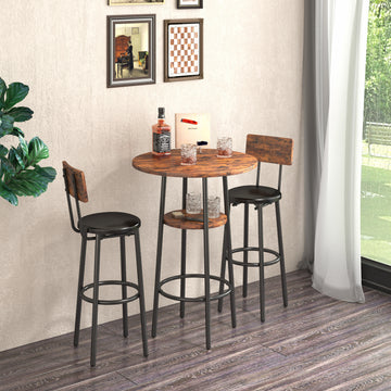 Round Bar Stool Set With Shelf, Upholstered Stool With Backrest, Rustic Brown, 23.62'' W X 23.62'' D X 35.43'' H Rustic Brown Particle Board