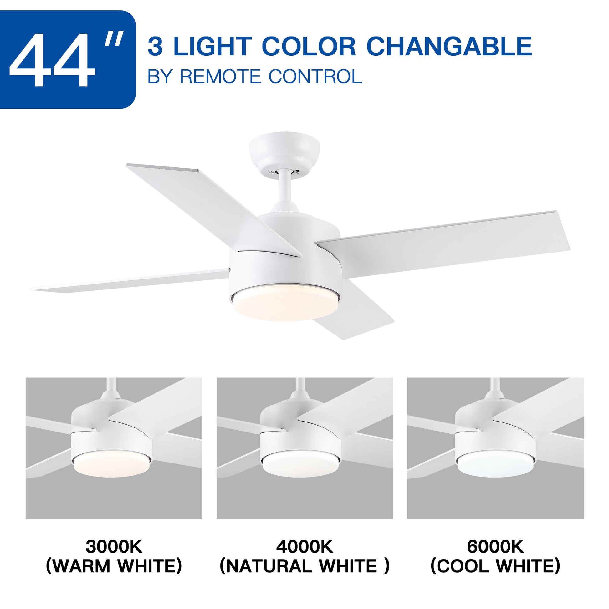 44 In Intergrated Led Ceiling Fan Lighting With White Abs Blade White Plywood