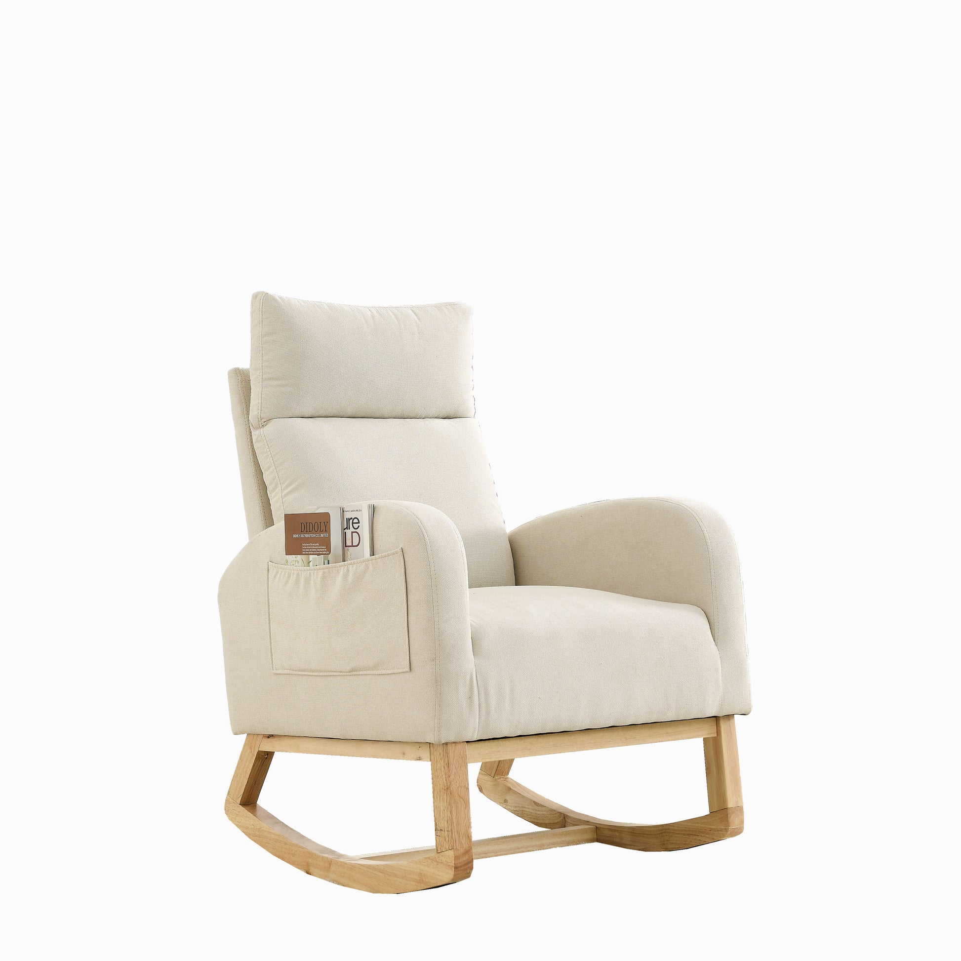 Video Welike 27.6"W Modern Accent High Backrest Living Room Lounge Arm Rocking Chair, Two Side Pocket W83453708 Beige Foam Fabric