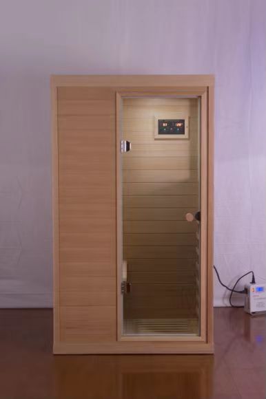 Hemlock Mini One Person Far Infrared Door On The Right Of The Indoor Sauna Room Natural Solid Wood