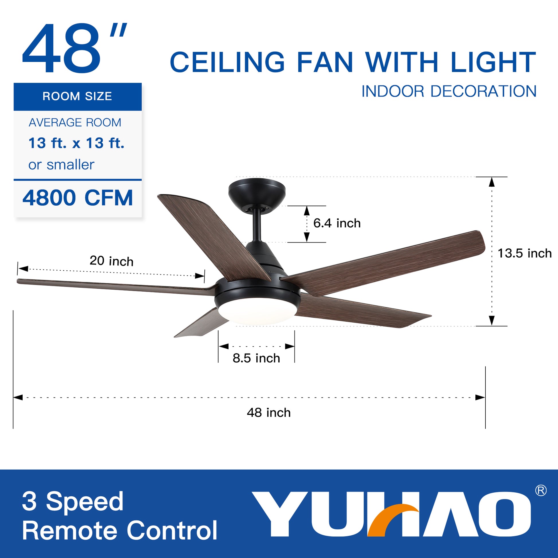 48 In Intergrated Led Ceiling Fan Lighting With Brown Wood Grain Abs Blade Matte Black Abs