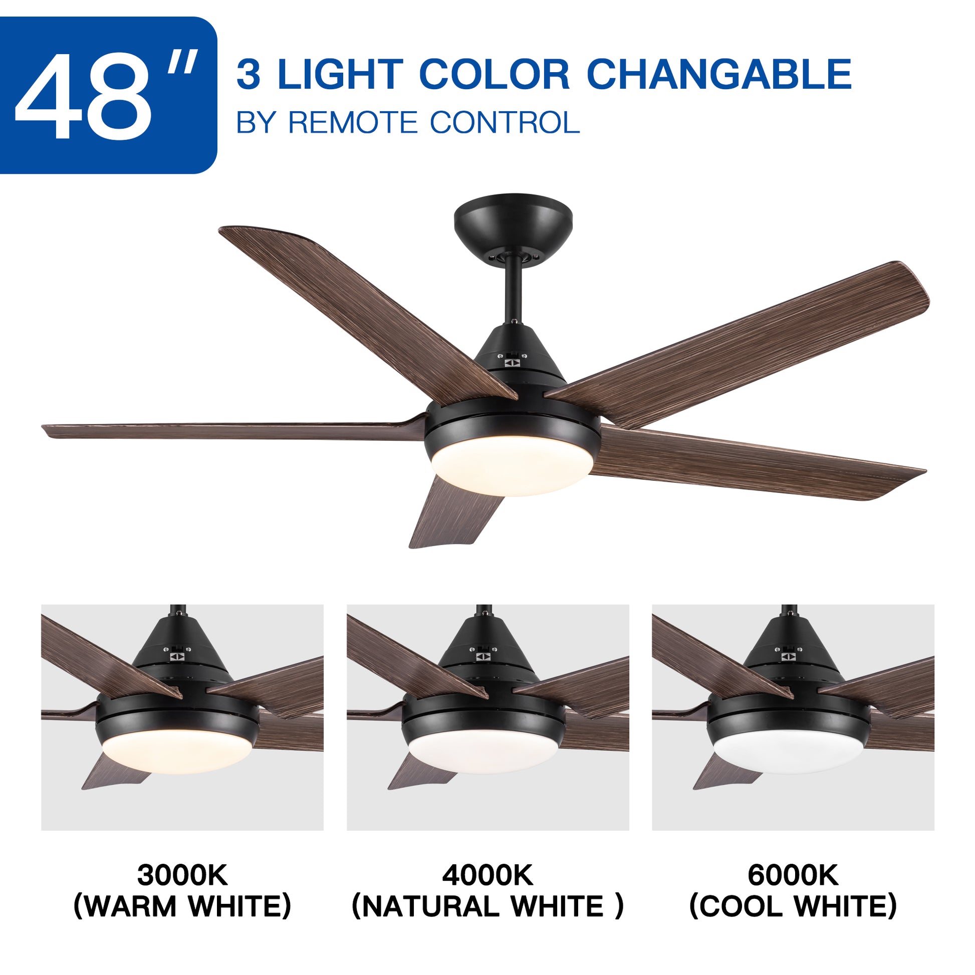 48 In Intergrated Led Ceiling Fan Lighting With Brown Wood Grain Abs Blade Matte Black Abs