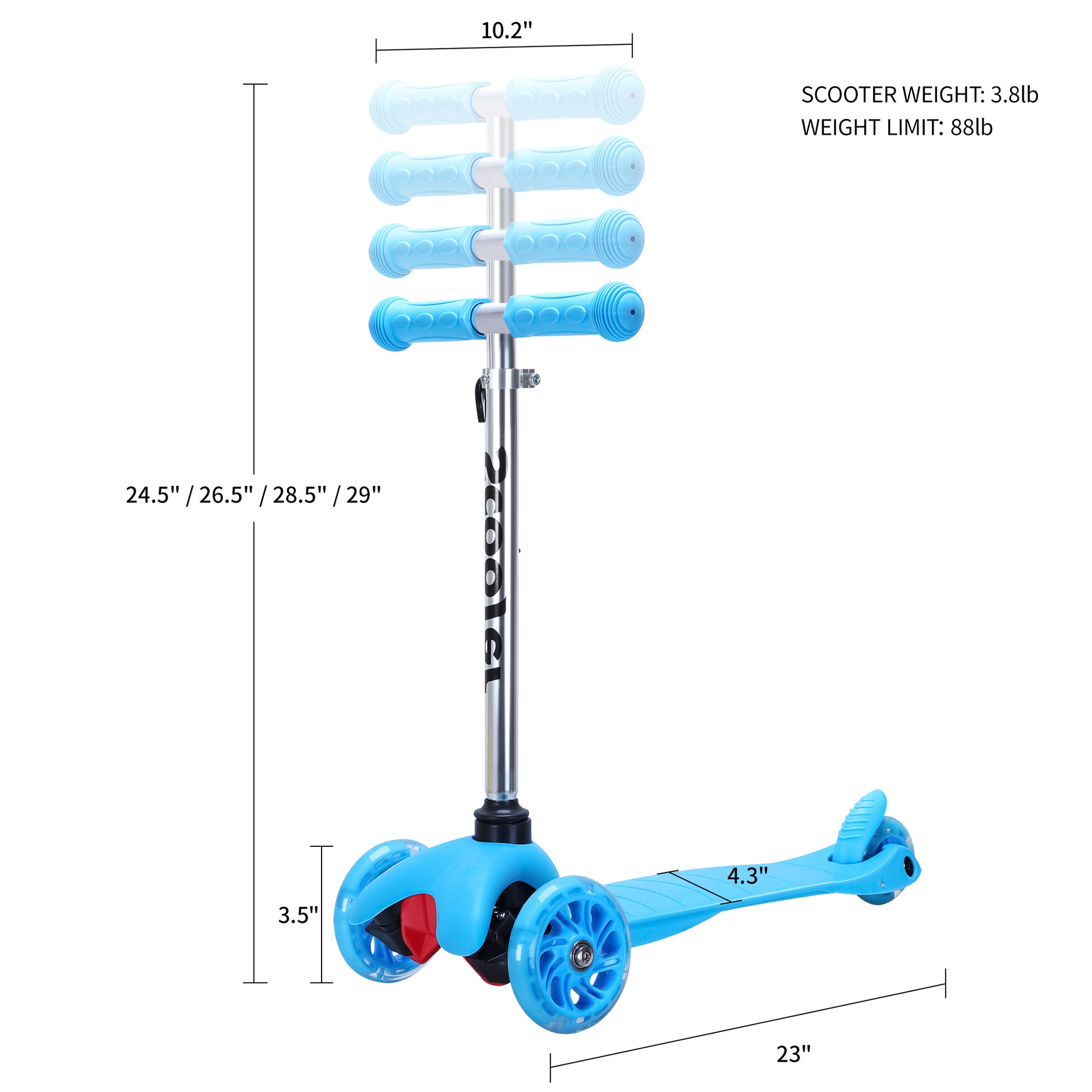 Simplelux Kids Scooter 4 Adjustable Height, Extra Wide Deck With Brake & 3 Pu Flashing Wheels, Over 3 Years Old,Blue Blue Polyurethane