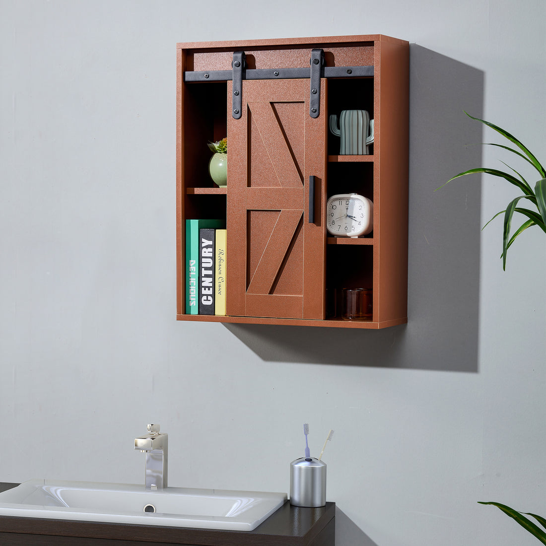 Wood Wall Mounted Storage Cabinet, 5 Layer Toilet Bathroom Storage Cabinet, Multifunctional Cabinet With Adjustable Door, Chocolate Brown Espresso Mdf