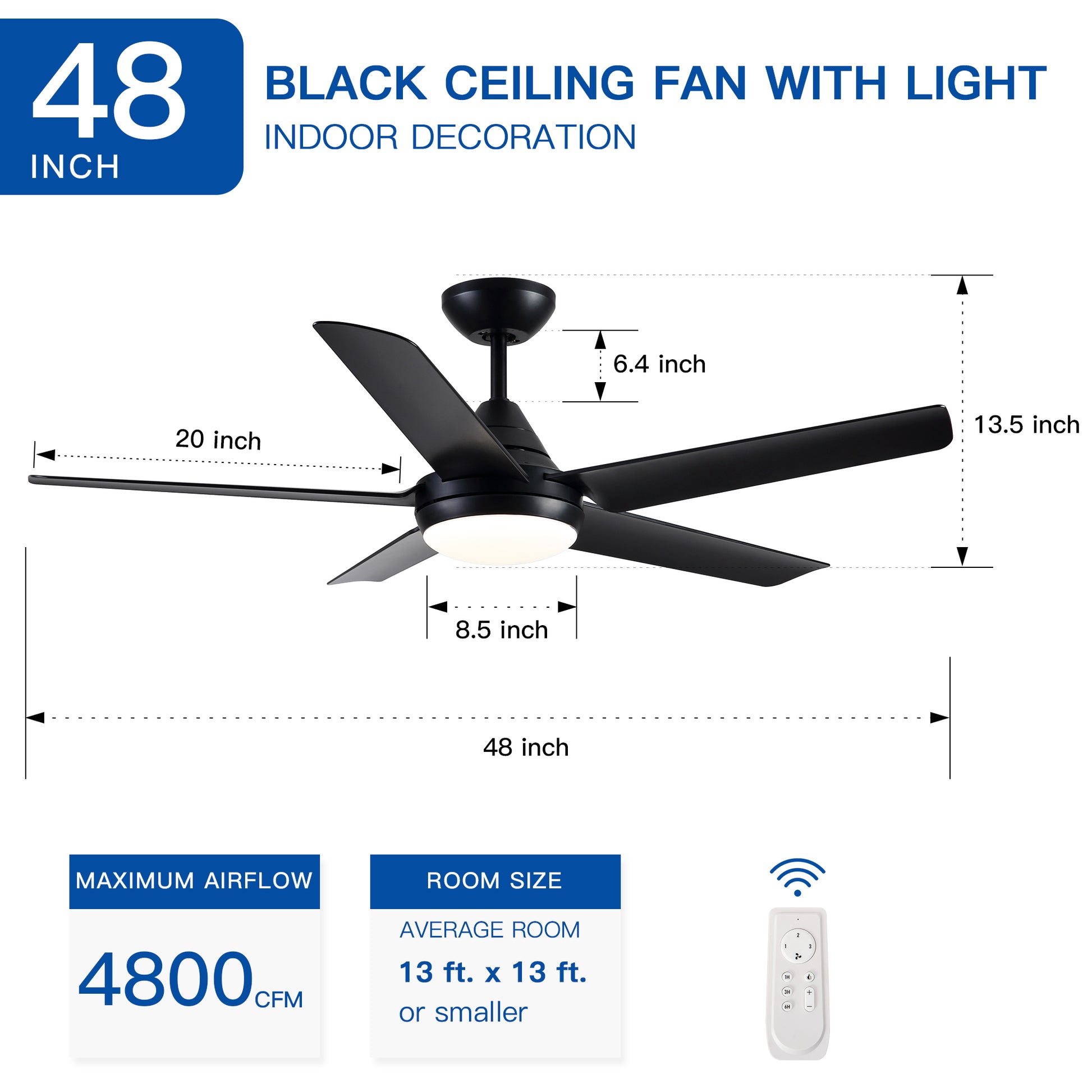 48" Yuhao Modern Contemporary Led Ceiling Fan With Remote Control Black Abs