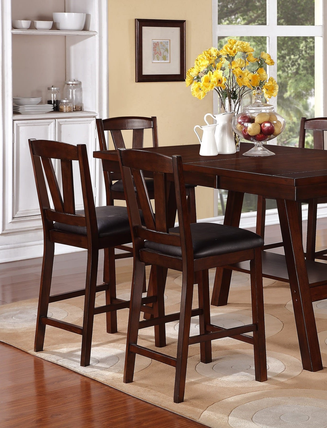 Dining Table 6X High Chairs 7Pcs Counter Height Dining Set Walnut Finish Dining Room Furniture Transitional Style Wood Walnut Seats 6 Wood Dining Room Contemporary,Modern,Transitional Rubberwood Rectangular 4 Leg Rectangular Dining Table With Chair