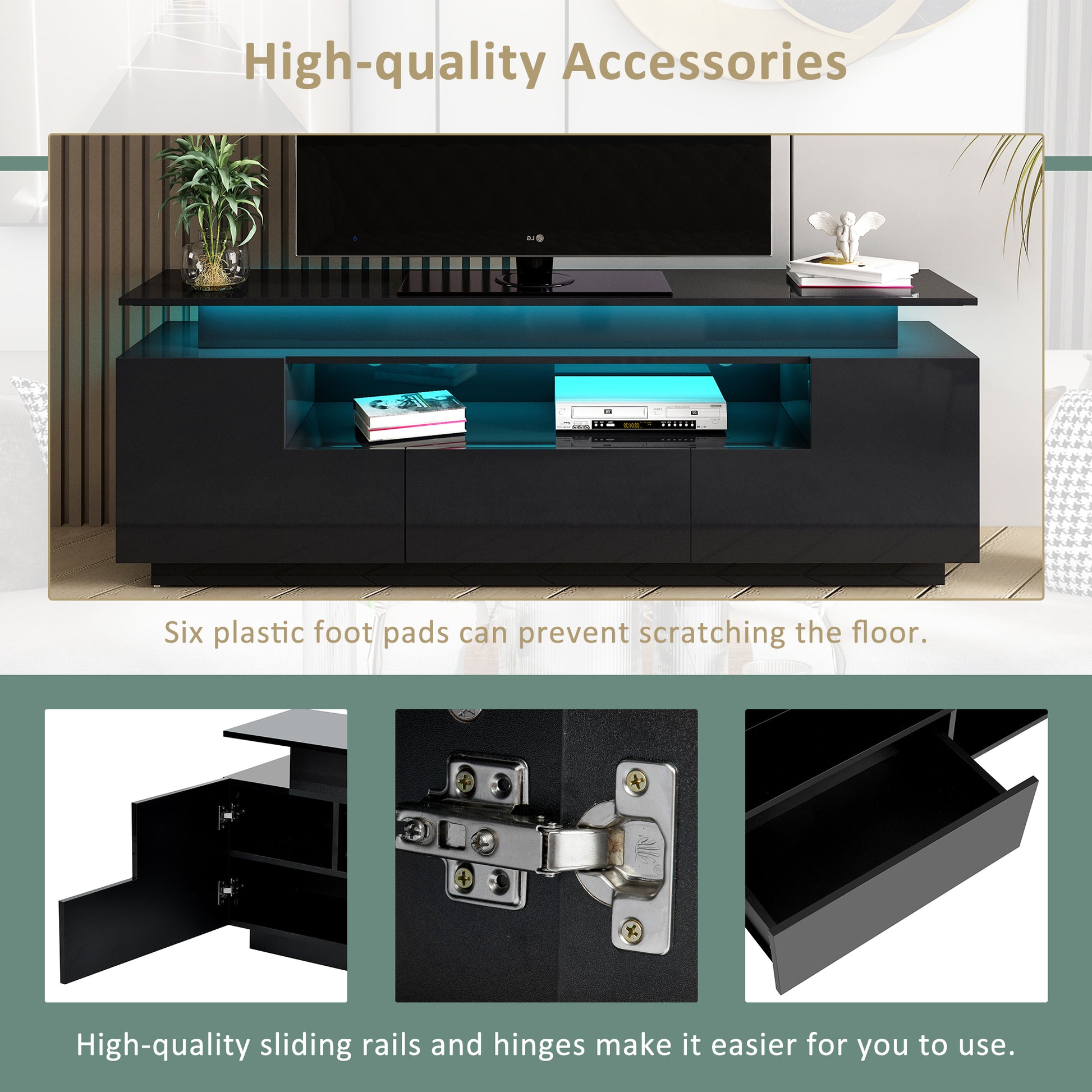 Modern, Stylish Functional Tv Stand With Color Changing Led Lights, Universal Entertainment Center, High Gloss Tv Cabinet For 75 Inch Tv, Black Black Particle Board