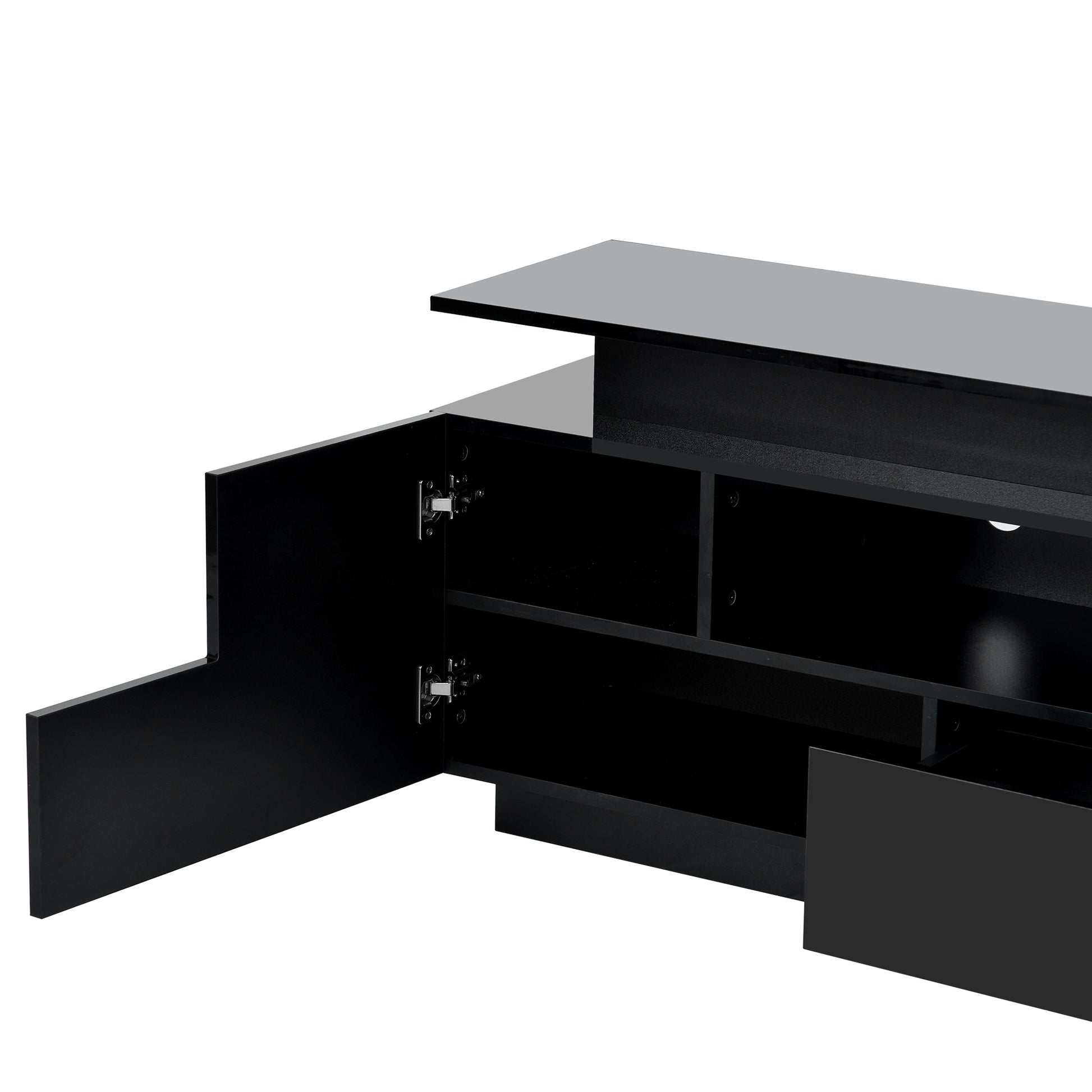 Modern, Stylish Functional Tv Stand With Color Changing Led Lights, Universal Entertainment Center, High Gloss Tv Cabinet For 75 Inch Tv, Black Black Particle Board