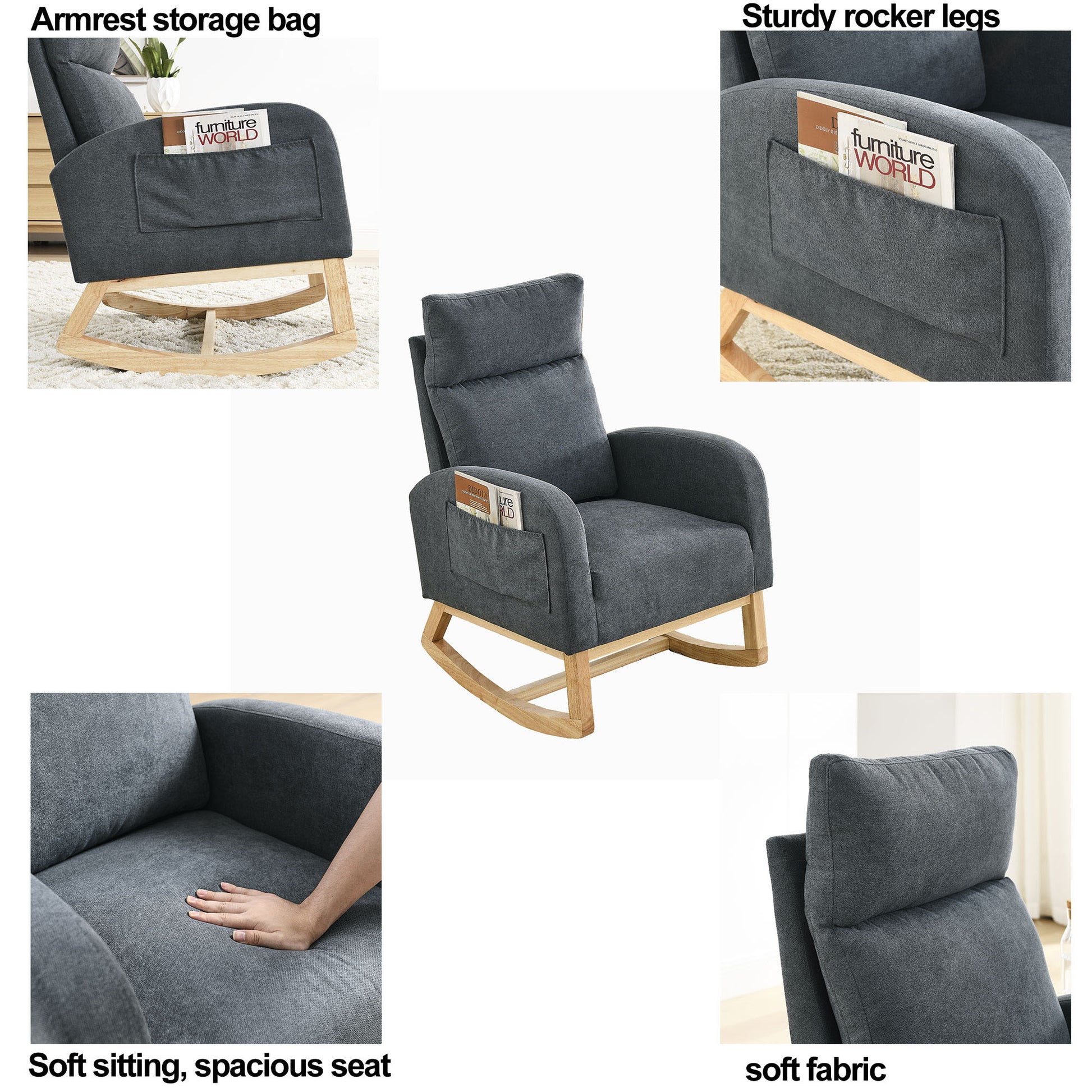 Video Welike 27.6"W Modern Accent High Backrest Living Room Lounge Arm Rocking Chair, Two Side Pocket W83453347 Dark Grey Foam Fabric
