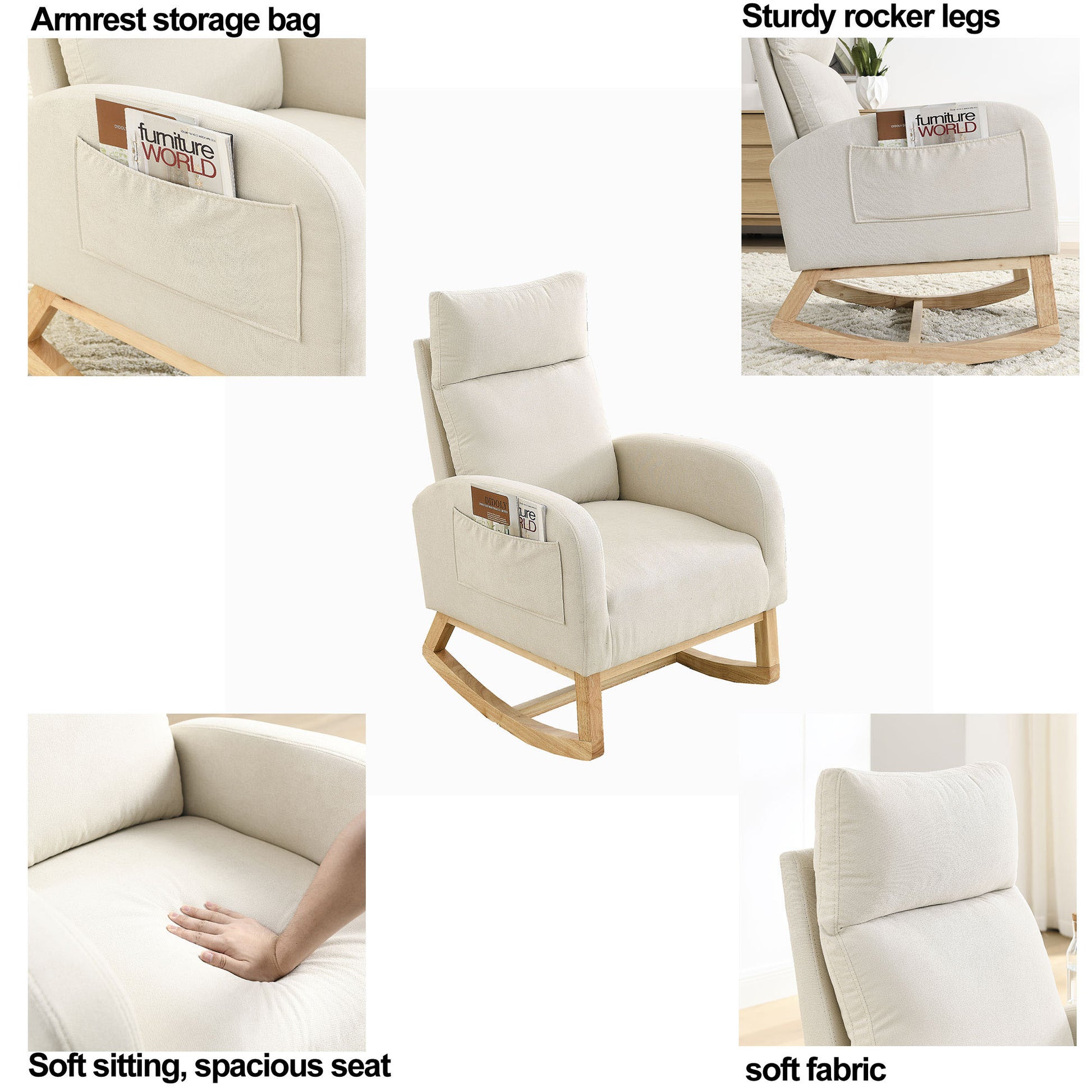 Video Welike 27.6"W Modern Accent High Backrest Living Room Lounge Arm Rocking Chair, Two Side Pocket W83453708 Beige Foam Fabric