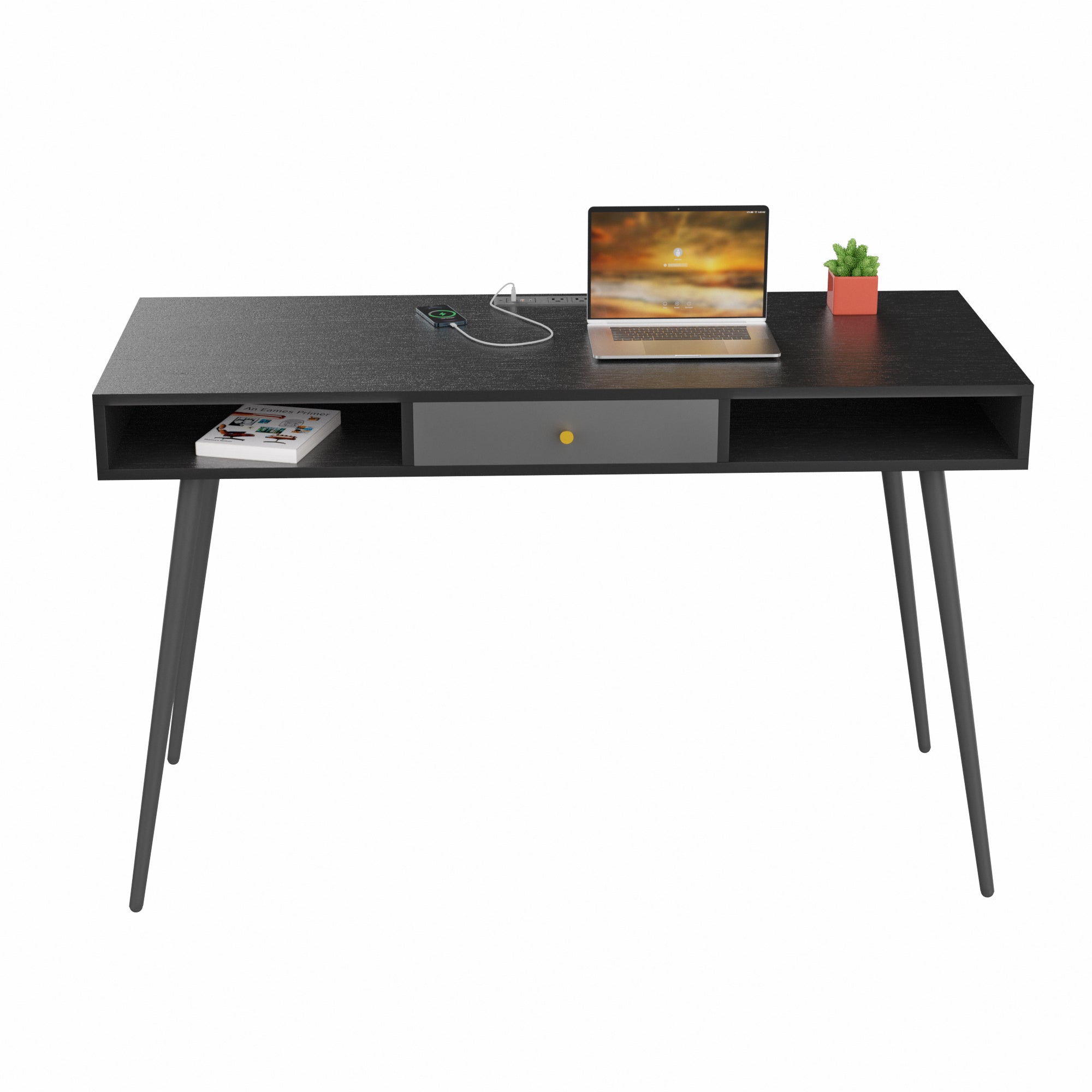 Mid Century Desk with USB Ports and Power Outlet black-mdf