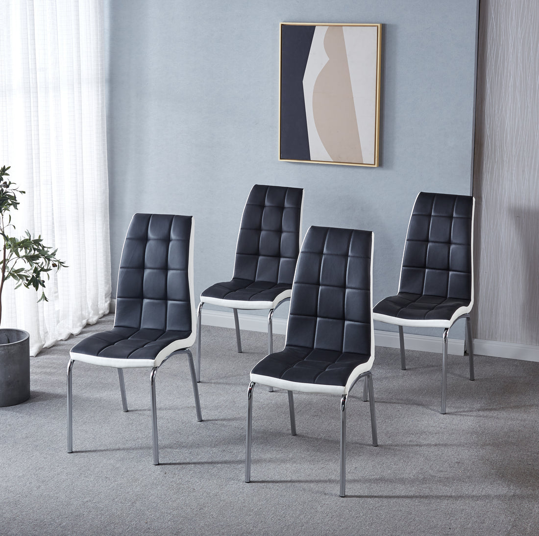 Modern Lattice Designdining Chair With Silver Metal Legs Set Of 4 Black White Leather