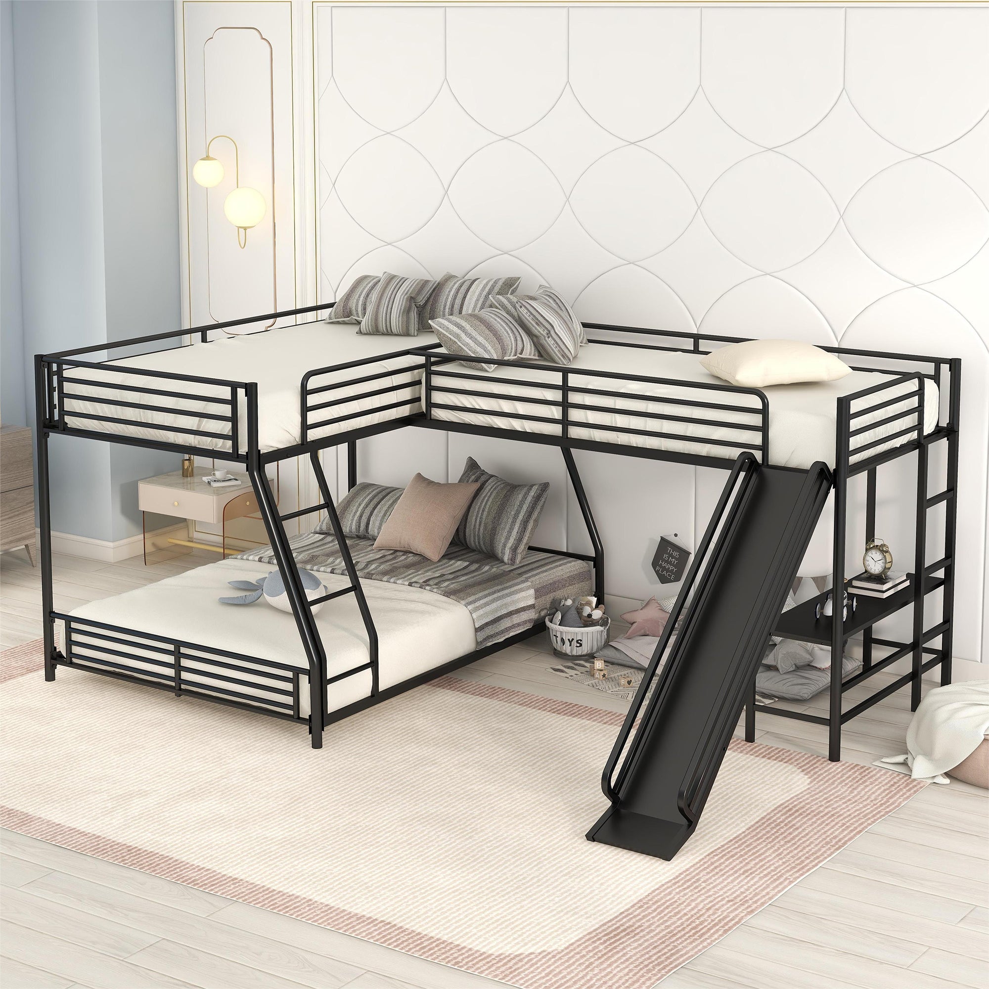 L Shaped Twin Over Full Bunk Bed With Twin Size Loft Bed,Built In Desk And Slide,Black Black Metal