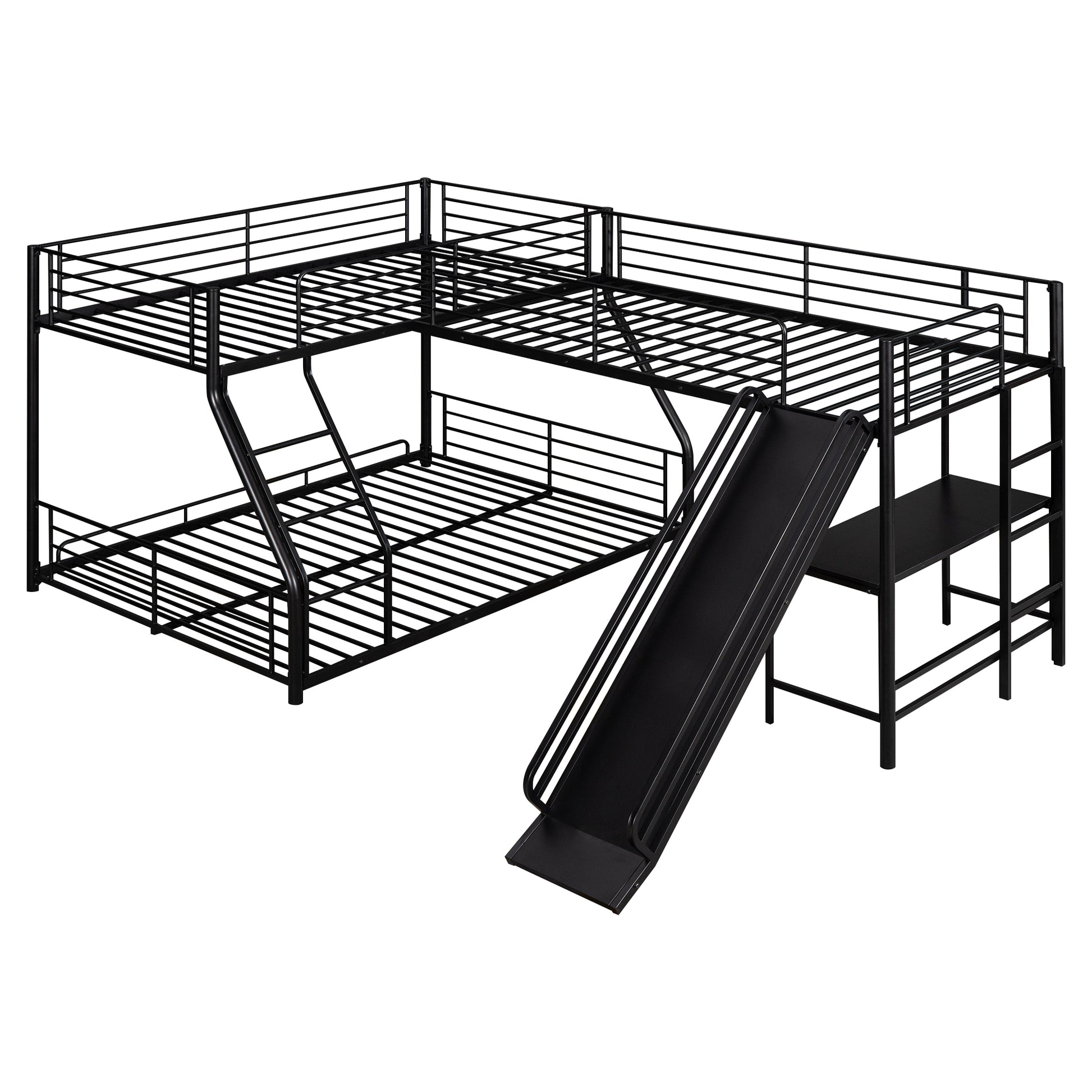 L Shaped Twin Over Full Bunk Bed With Twin Size Loft Bed,Built In Desk And Slide,Black Black Metal