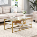 Golden Coffee Table With Storage Shelf, Tempered Glass Coffee Table With Metal Frame For Living Room&Bedroom Golden Mdf Iron