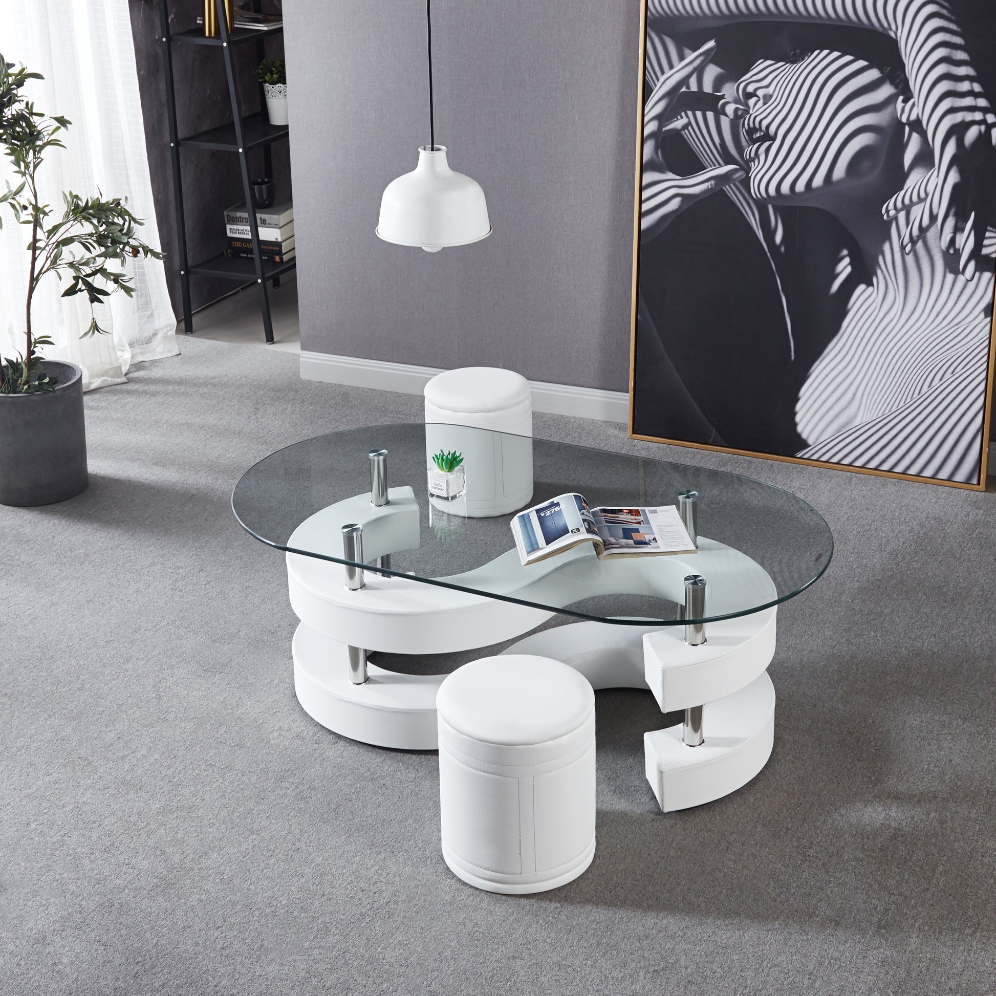 3 Pieces Coffee Table Set, Oval 10Mm 0.39" Thick Tempered Glass Table And 2 Leather Stools White Glass