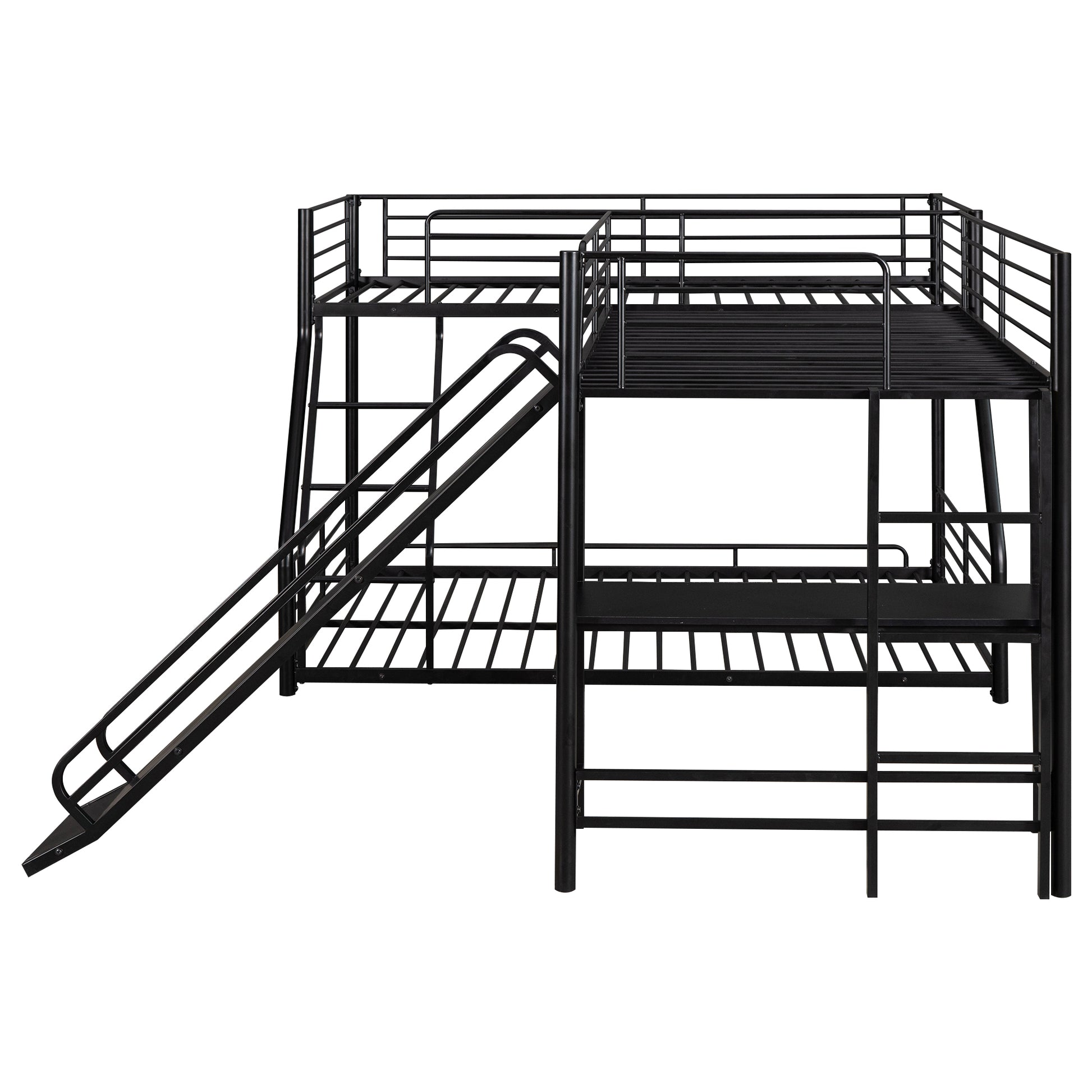 L Shaped Twin Over Full Bunk Bed With Twin Size Loft Bed,Built In Desk And Slide,Black Black Metal