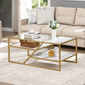 Golden Coffee Table With Storage Shelf, Tempered Glass Coffee Table With Metal Frame For Living Room&Bedroom Golden Mdf Iron