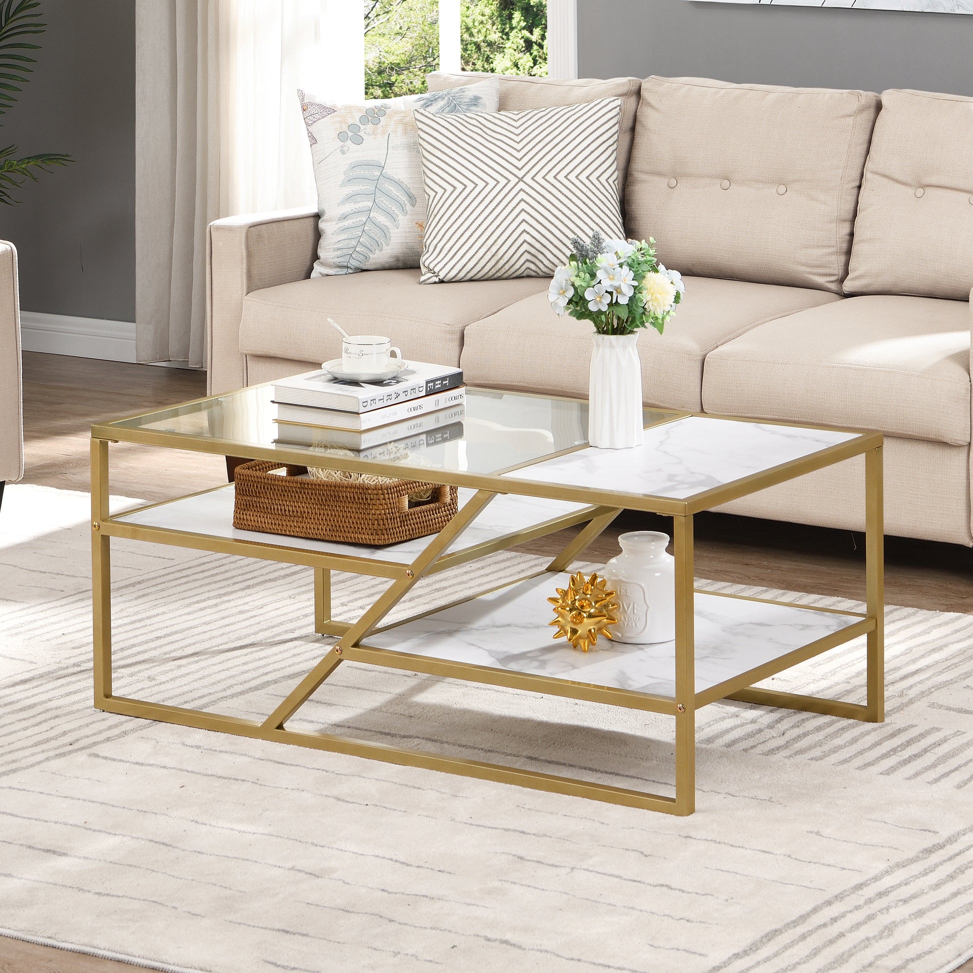 Golden Coffee Table With Storage Shelf, Tempered Glass Coffee Table With Metal Frame For Living Room&Bedroom Golden Mdf Iron