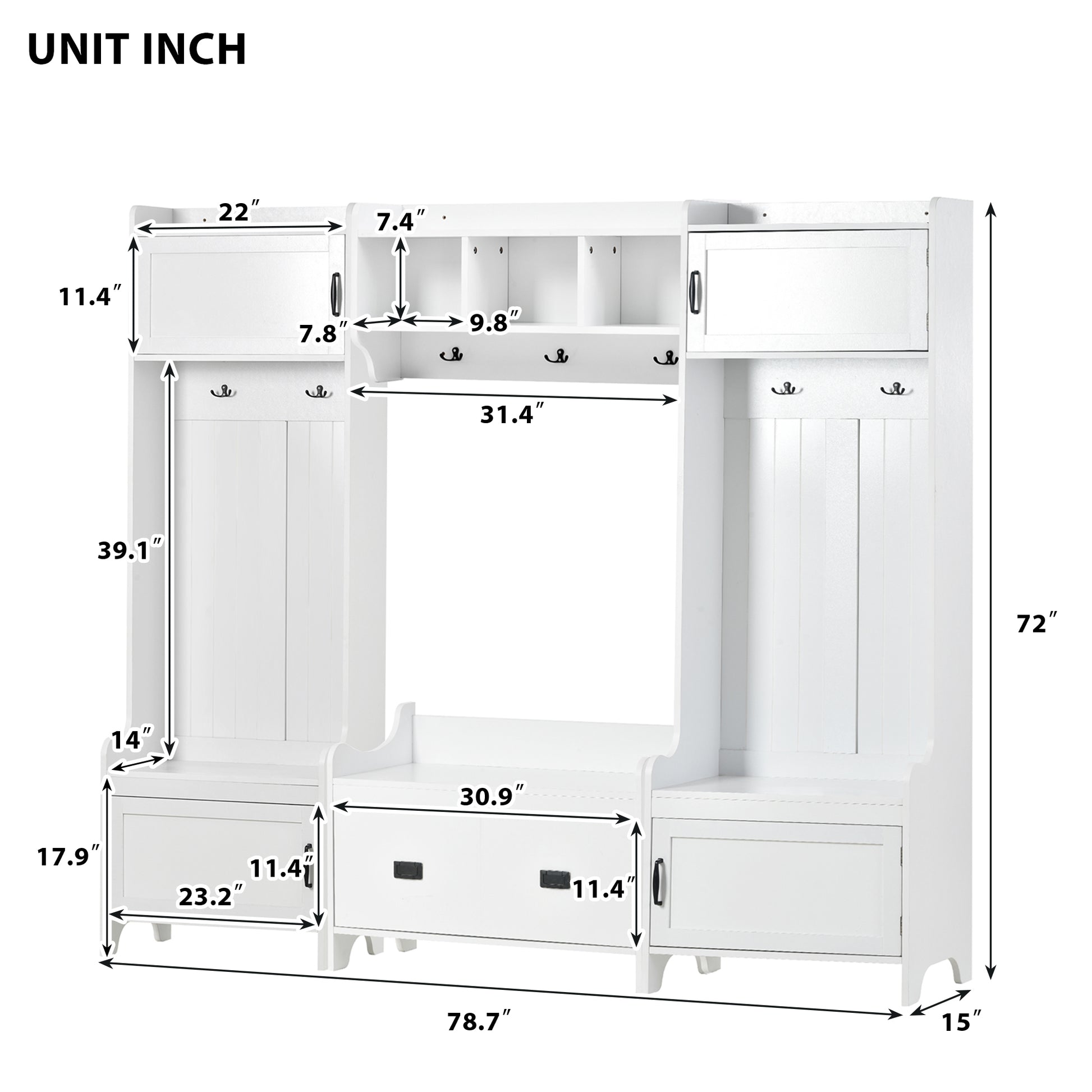 Modern Style 4 In 1 Multiple Functions Hallway Coat Rack With Seven Metal Black Hooks, Entryway Bench Hall Tree With Large Storage Drawer, White Old Sku: Sd000006Aak White Particle Board