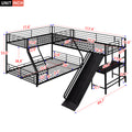 L Shaped Twin Over Full Bunk Bed With Twin Size Loft Bed,Built In Desk And Slide,Black Black Metal