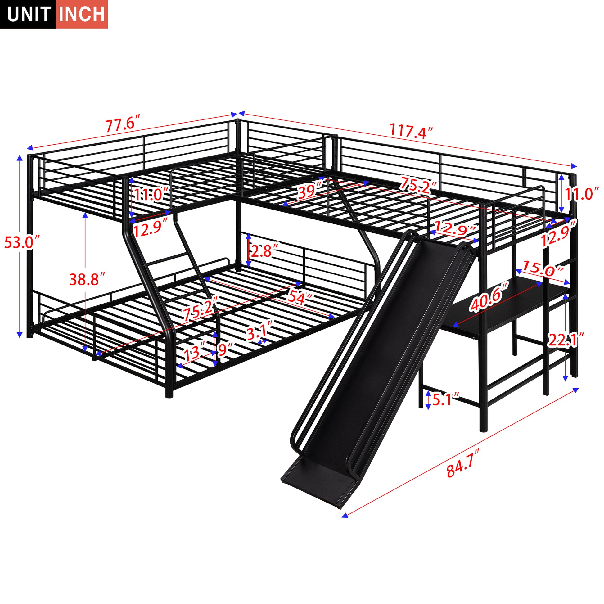 L Shaped Twin Over Full Bunk Bed With Twin Size Loft Bed,Built In Desk And Slide,Black Black Metal